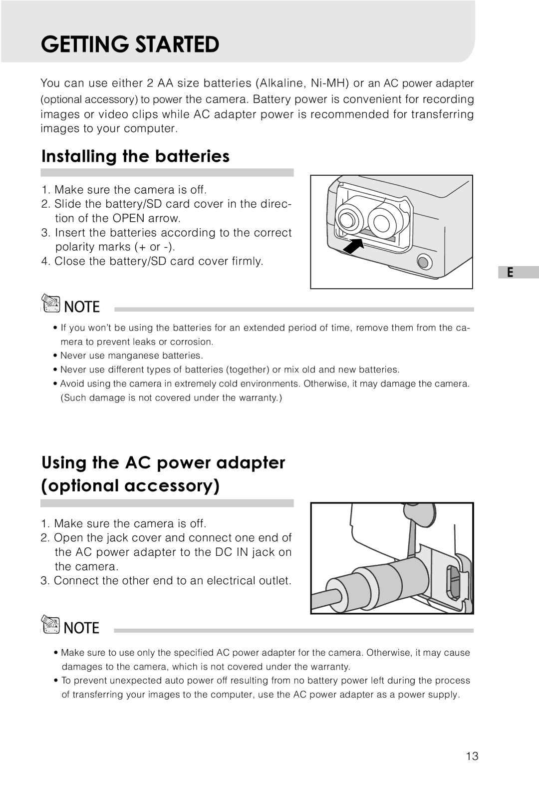 Vivitar Vivicam 3715 user manual Getting Started, Installing the batteries, Using the AC power adapter optional accessory 