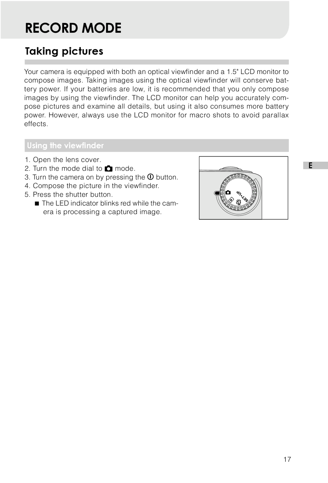 Vivitar Vivicam 3715 user manual Record Mode, Taking pictures, Using the viewfinder 