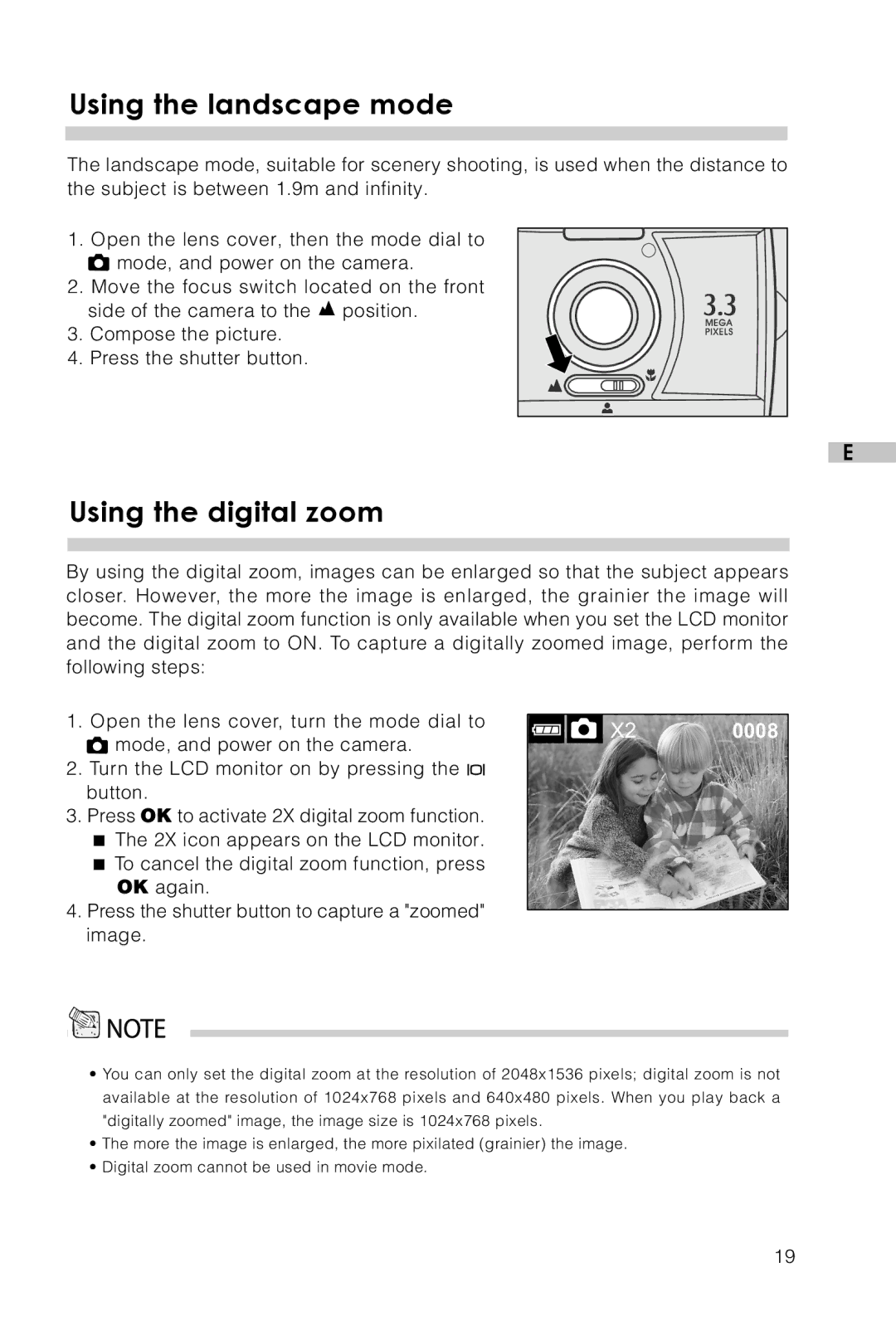 Vivitar Vivicam 3715 user manual Using the landscape mode, Using the digital zoom 