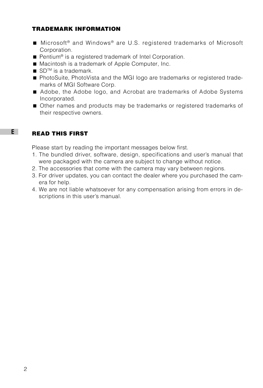 Vivitar Vivicam 3715 user manual Trademark Information 