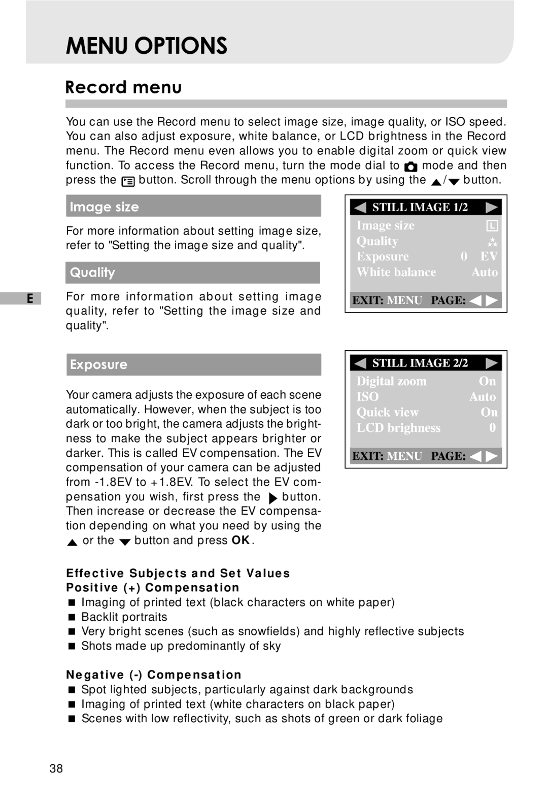 Vivitar Vivicam 3715 user manual Menu Options, Record menu, Image size, Quality, Exposure 