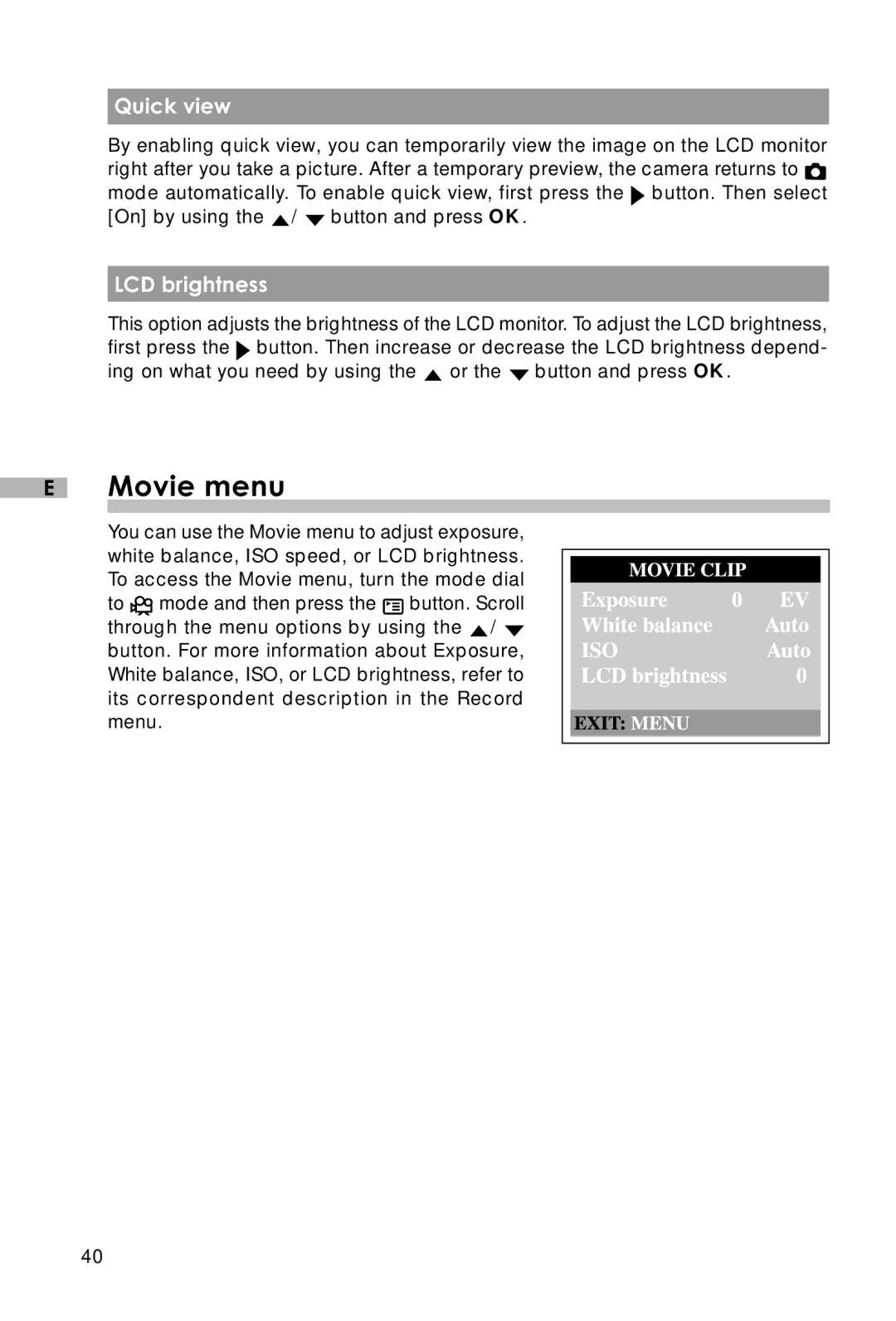 Vivitar Vivicam 3715 user manual Movie menu, Quick view, LCD brightness 