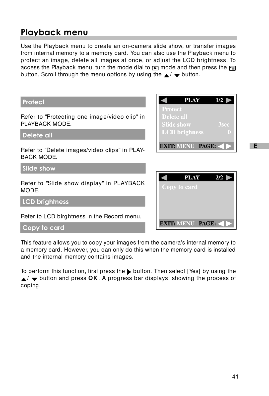 Vivitar Vivicam 3715 user manual Playback menu, Protect, Delete all, Slide show, Copy to card 