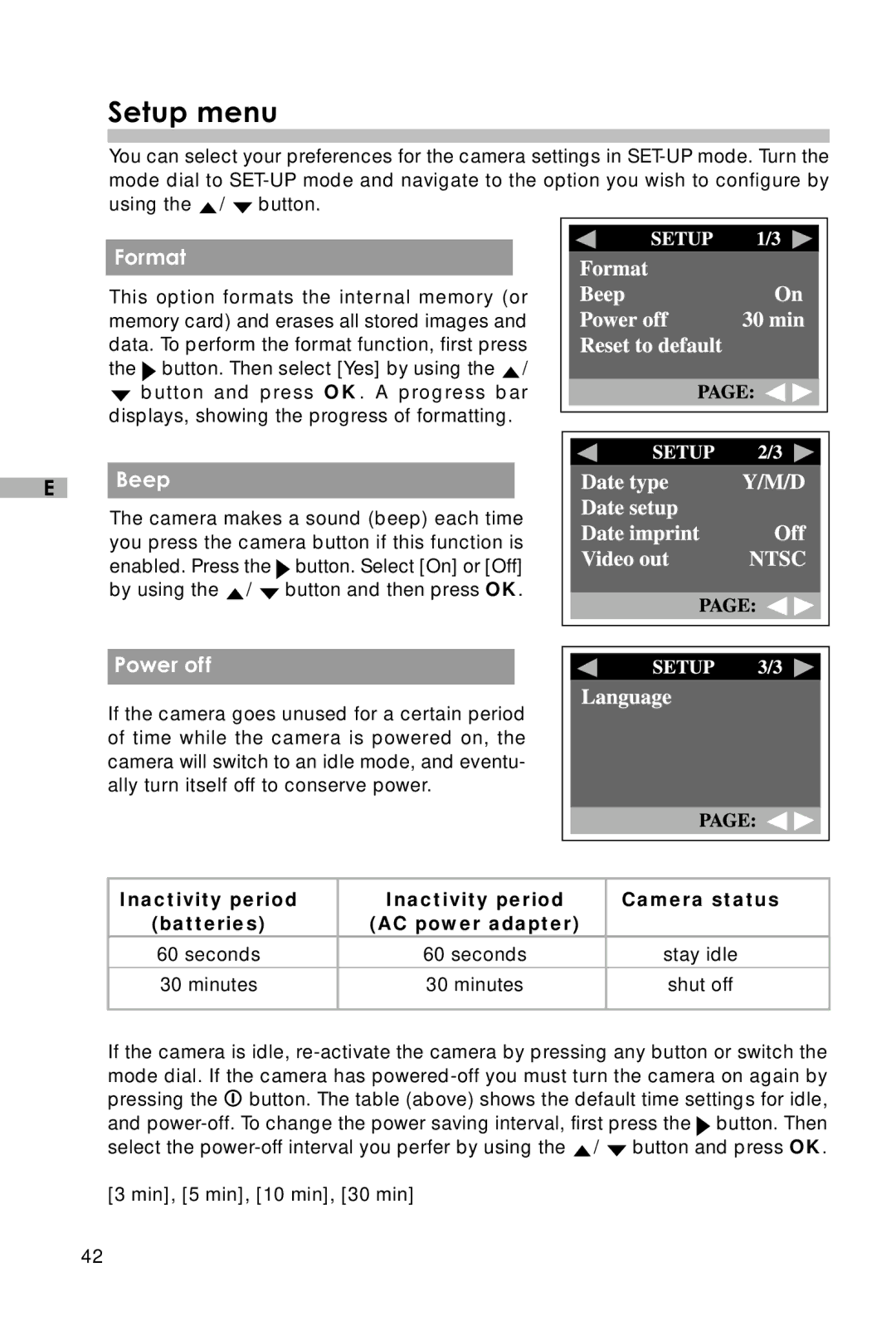 Vivitar Vivicam 3715 user manual Setup menu, Format, Beep, Power off 