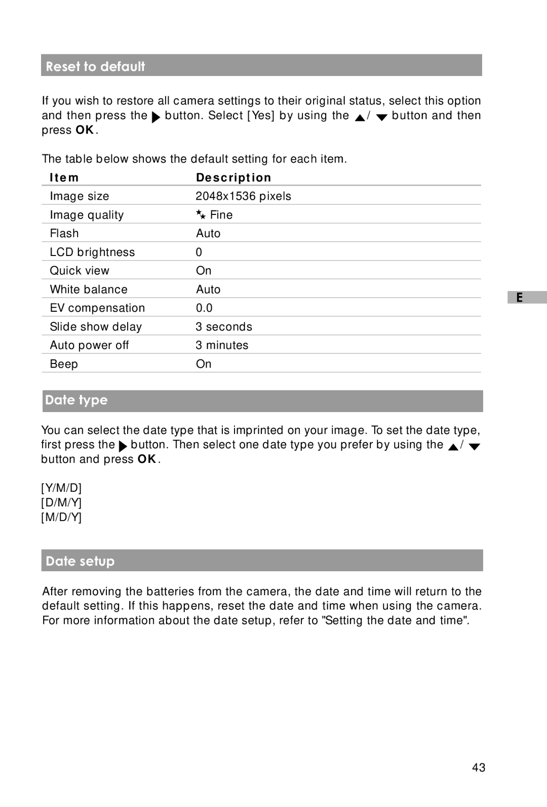 Vivitar Vivicam 3715 user manual Reset to default, Date type, Date setup 