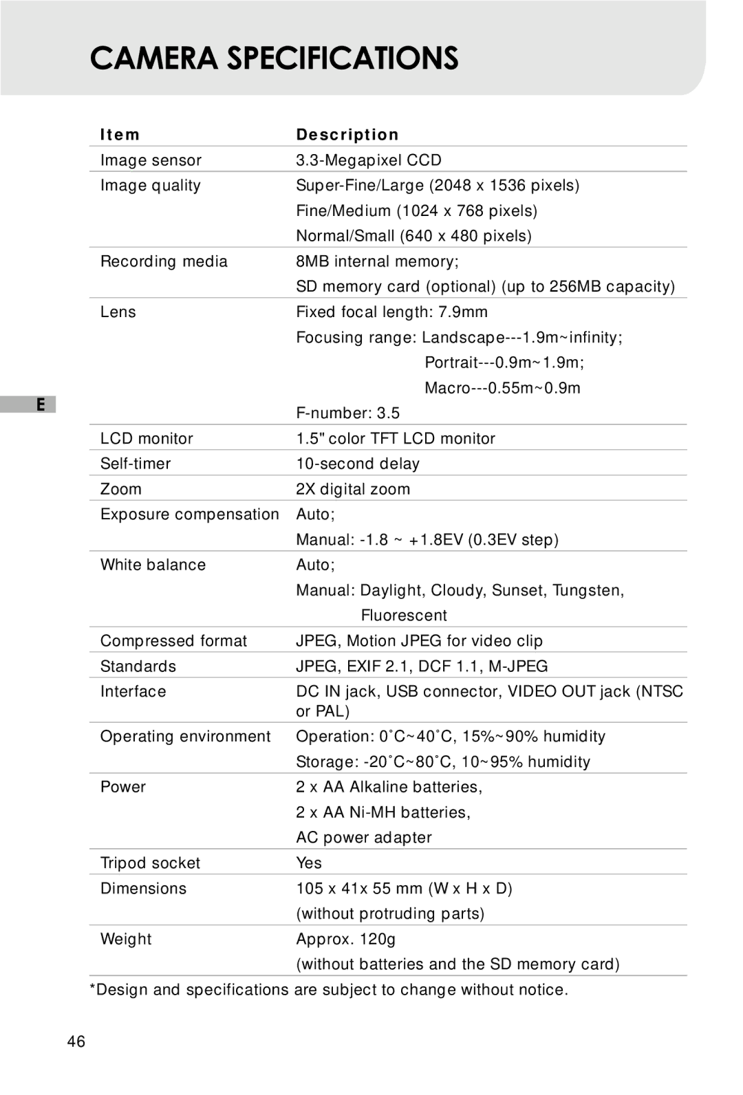 Vivitar Vivicam 3715 user manual Camera Specifications, JPEG, Exif 2.1, DCF 1.1, M-JPEG 