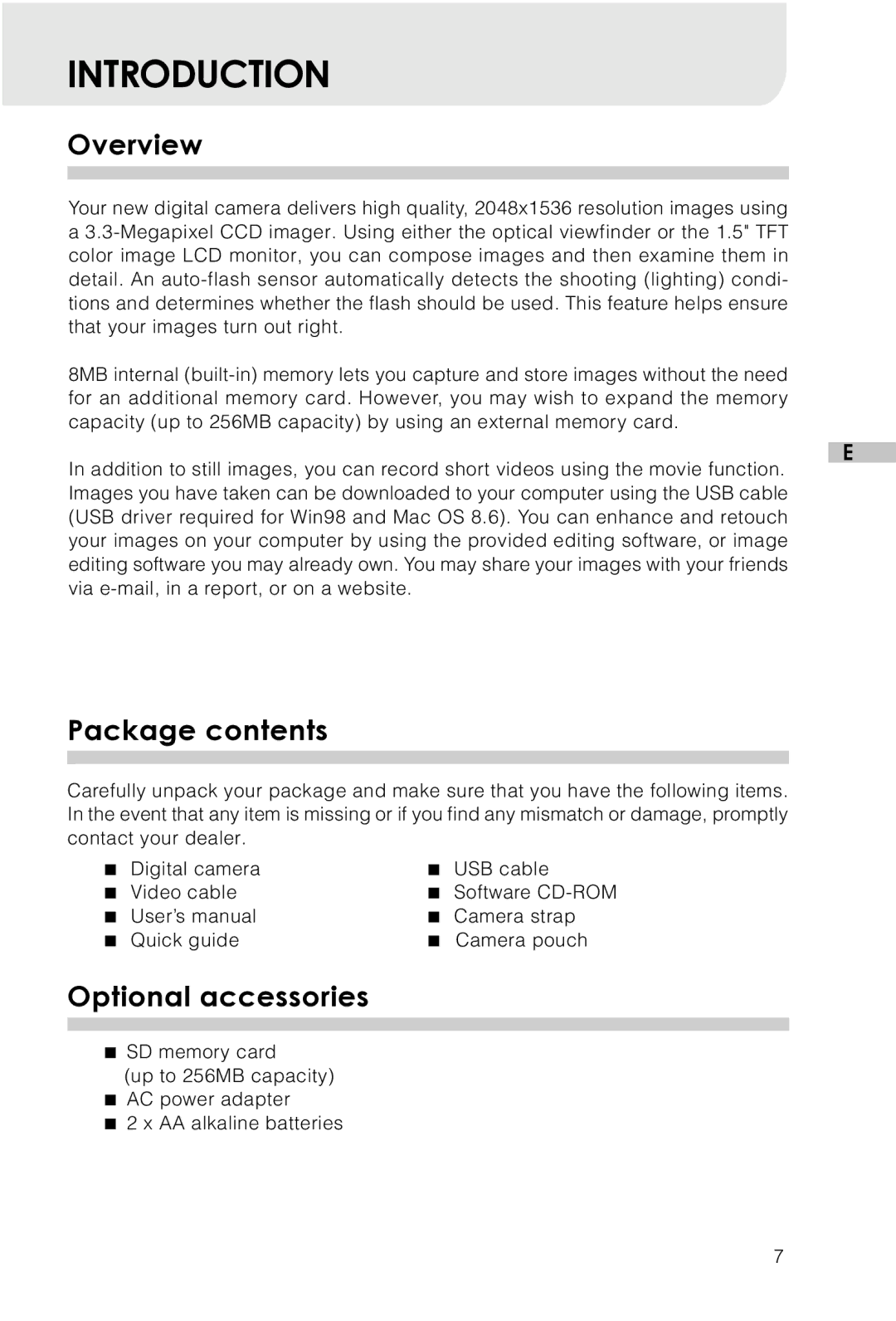 Vivitar Vivicam 3715 user manual Introduction, Overview, Package contents, Optional accessories 