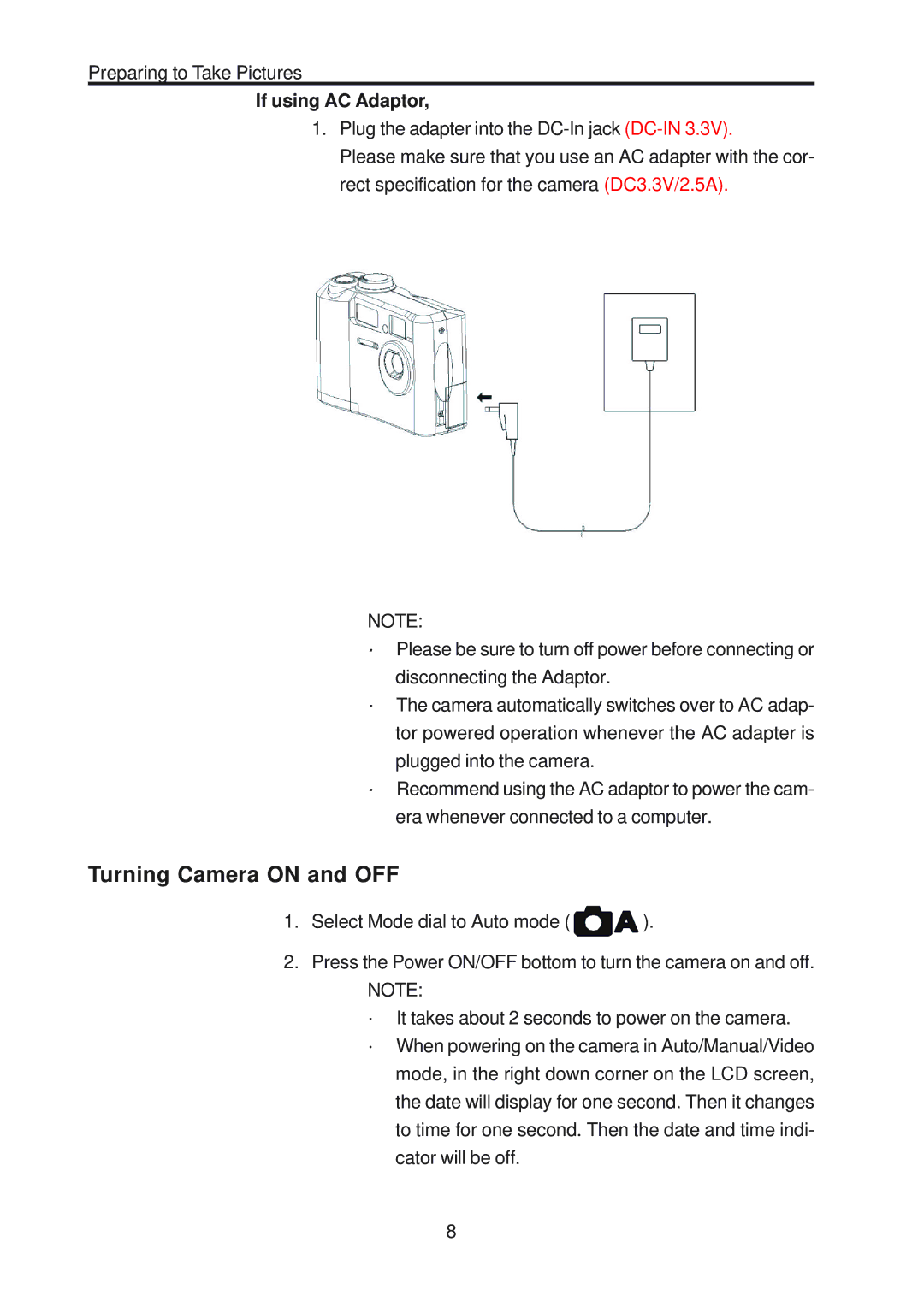 Vivitar ViviCam 3730 manual Turning Camera on and OFF, If using AC Adaptor 