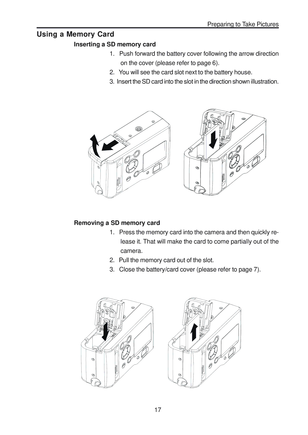 Vivitar ViviCam 3730 manual Using a Memory Card, Inserting a SD memory card, Removing a SD memory card 