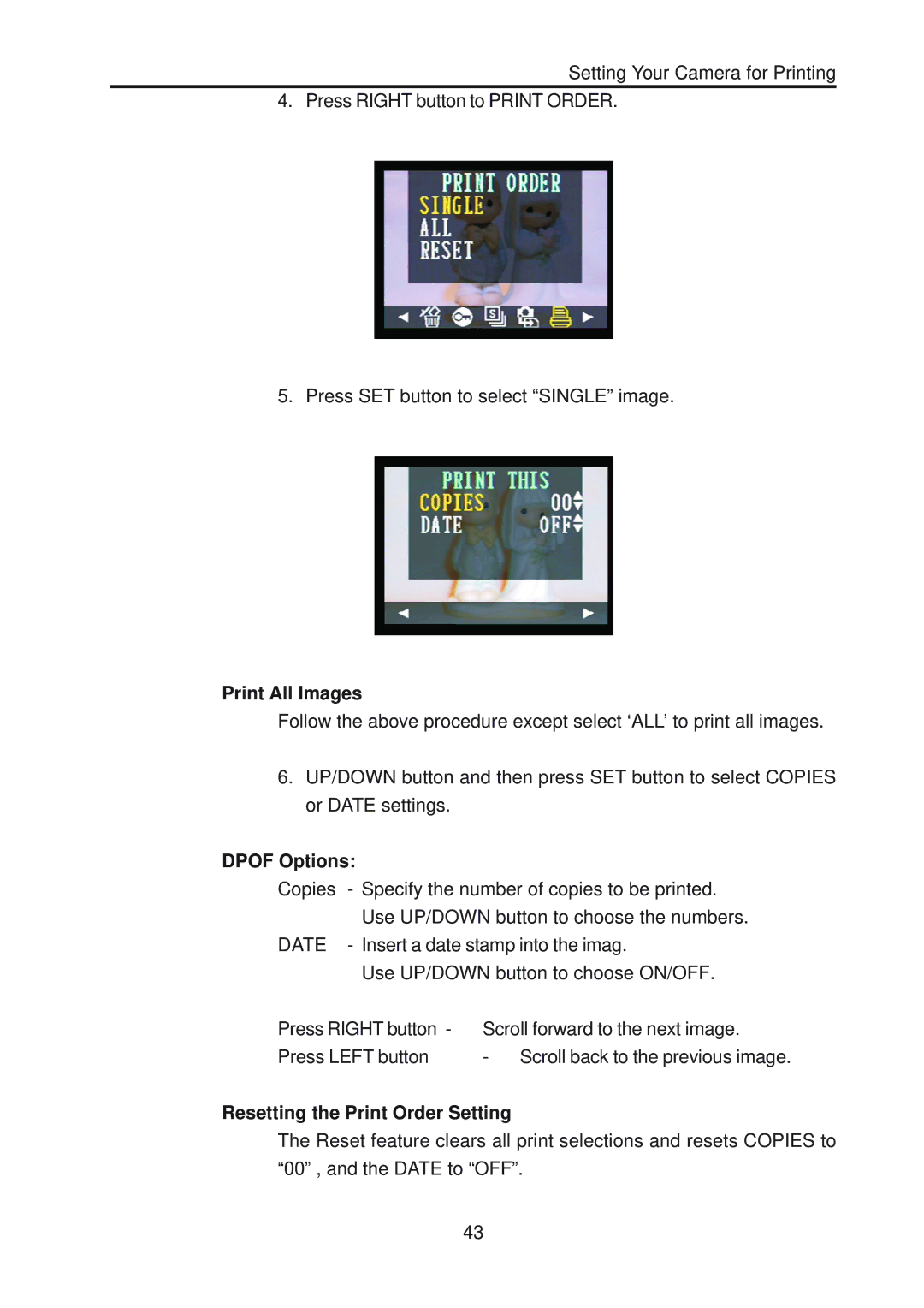 Vivitar ViviCam 3730 manual Print All Images, Dpof Options, Resetting the Print Order Setting 