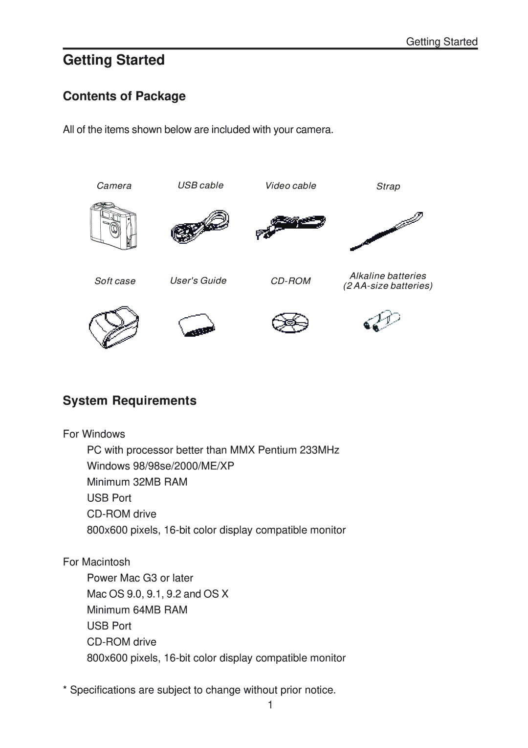 Vivitar ViviCam 3730 manual Getting Started, Contents of Package, System Requirements 