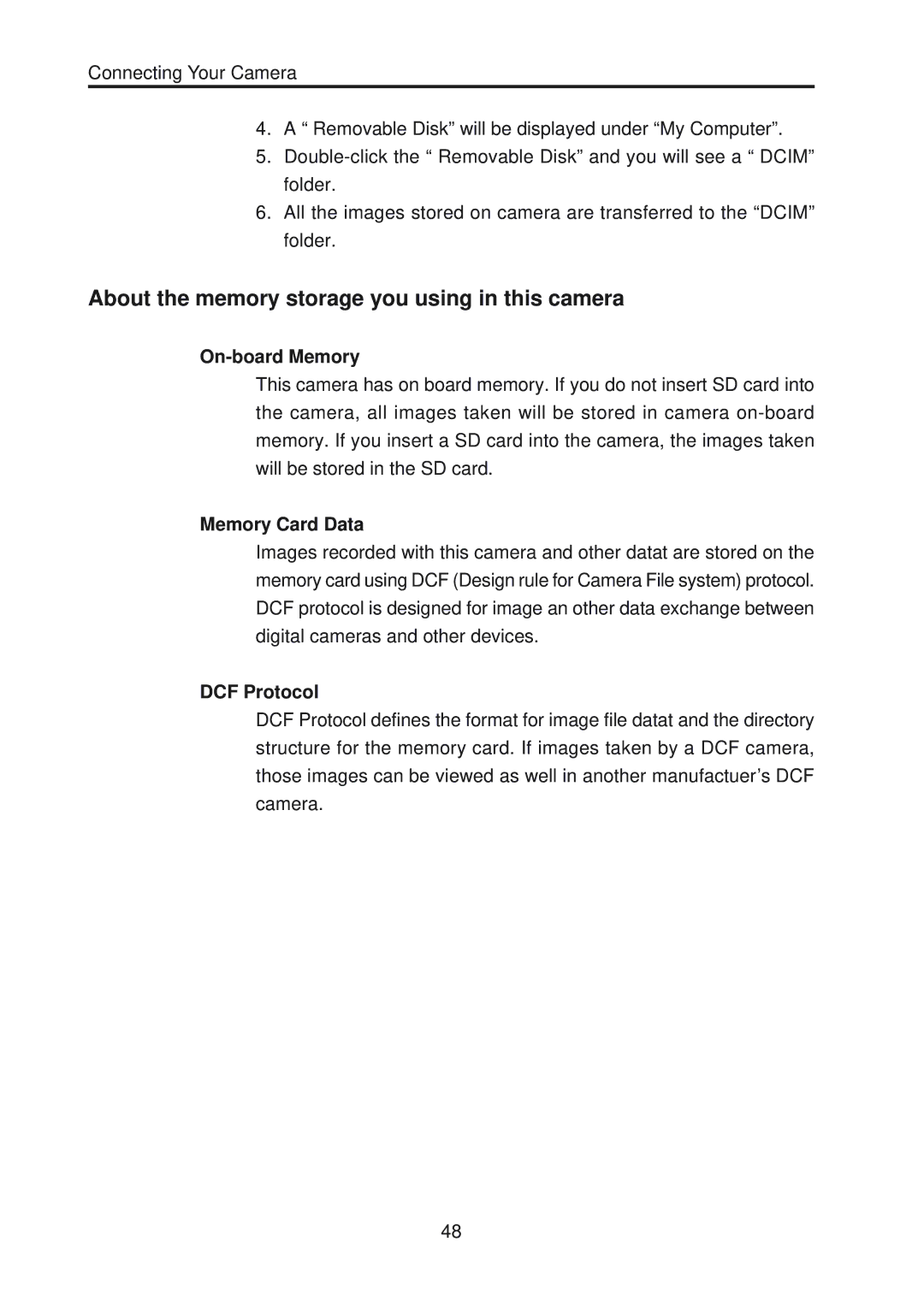 Vivitar ViviCam 3730 About the memory storage you using in this camera, On-board Memory, Memory Card Data, DCF Protocol 