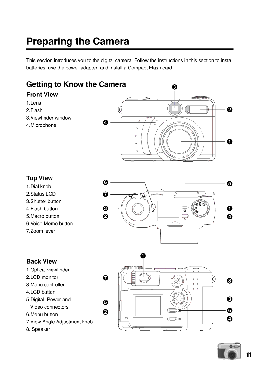 Vivitar Vivicam 3735 user manual Preparing the Camera, Getting to Know the Camera, Front View, Top View, Back View 