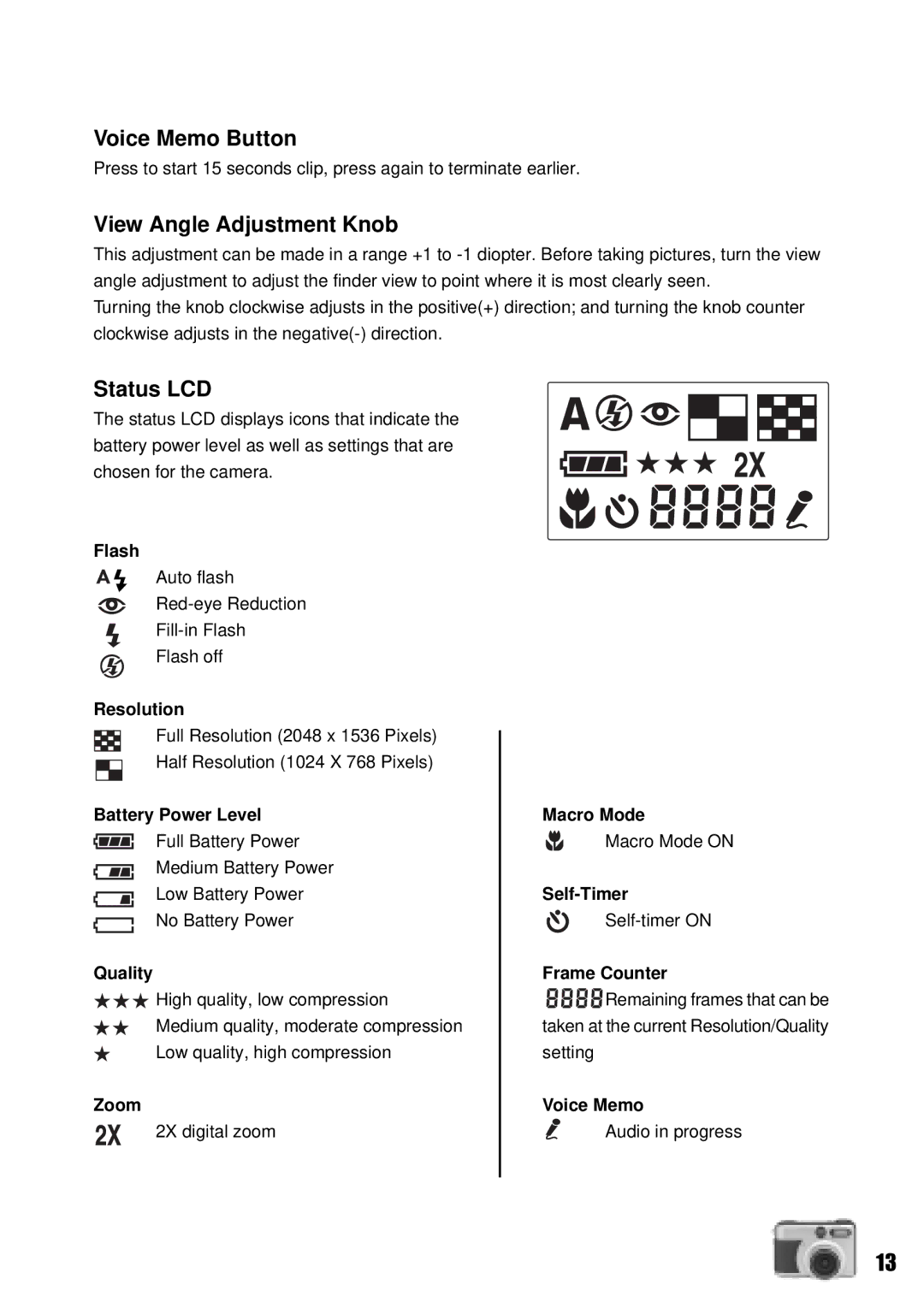 Vivitar Vivicam 3735 user manual Voice Memo Button, View Angle Adjustment Knob, Status LCD 