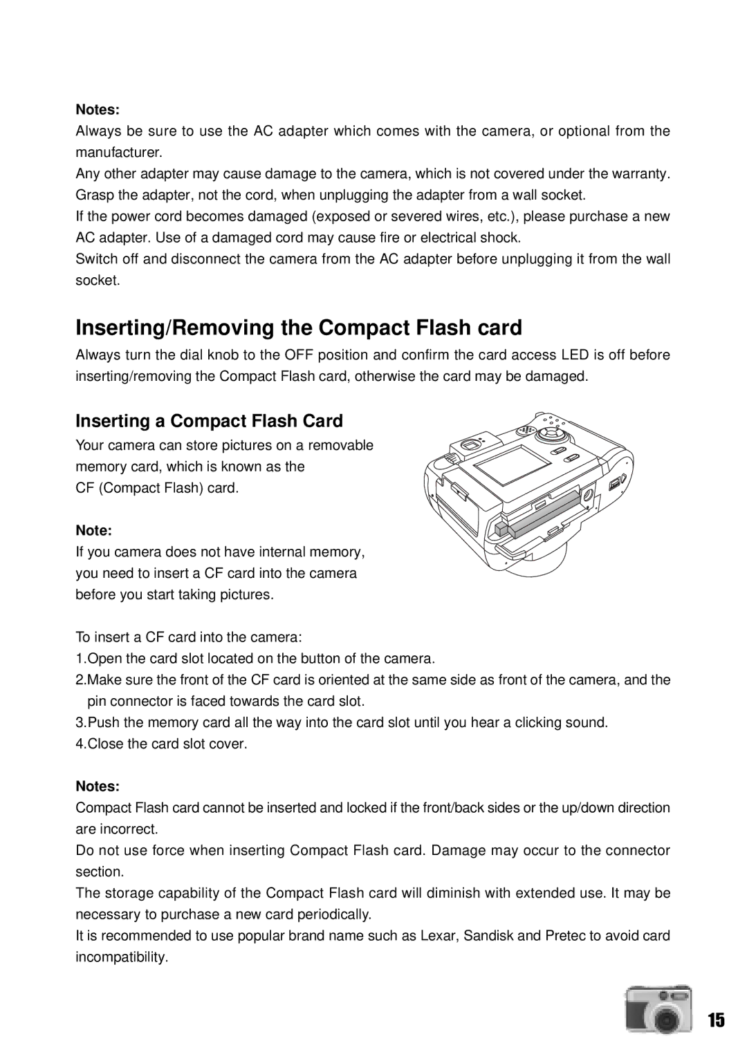 Vivitar Vivicam 3735 user manual Inserting/Removing the Compact Flash card, Inserting a Compact Flash Card 