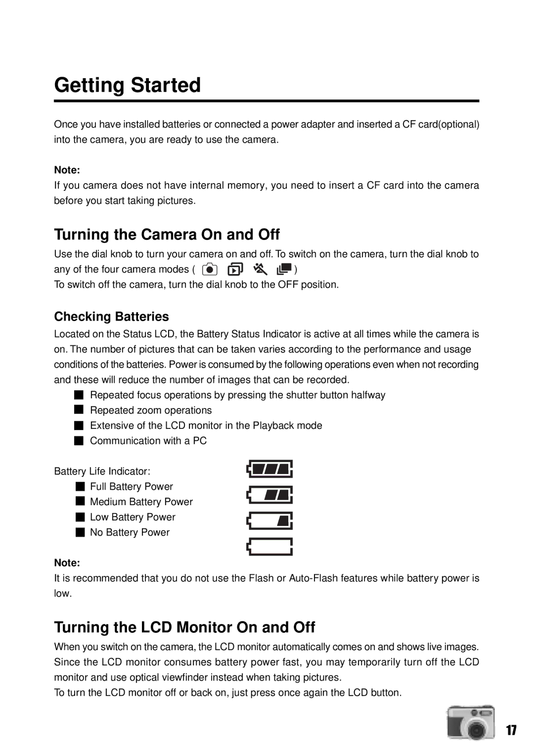 Vivitar Vivicam 3735 user manual Getting Started, Turning the Camera On and Off, Turning the LCD Monitor On and Off 