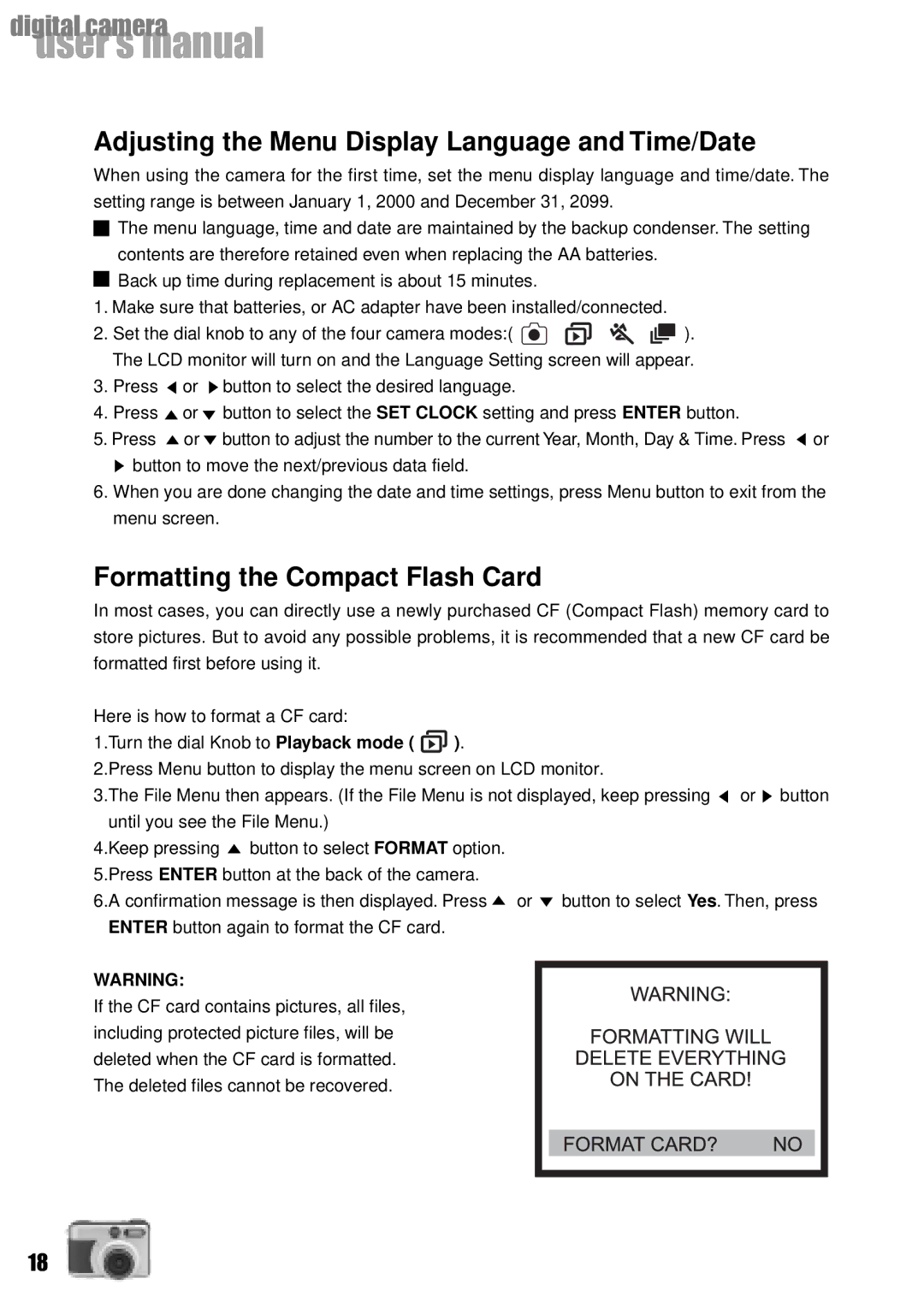 Vivitar Vivicam 3735 user manual Adjusting the Menu Display Language and Time/Date, Formatting the Compact Flash Card 