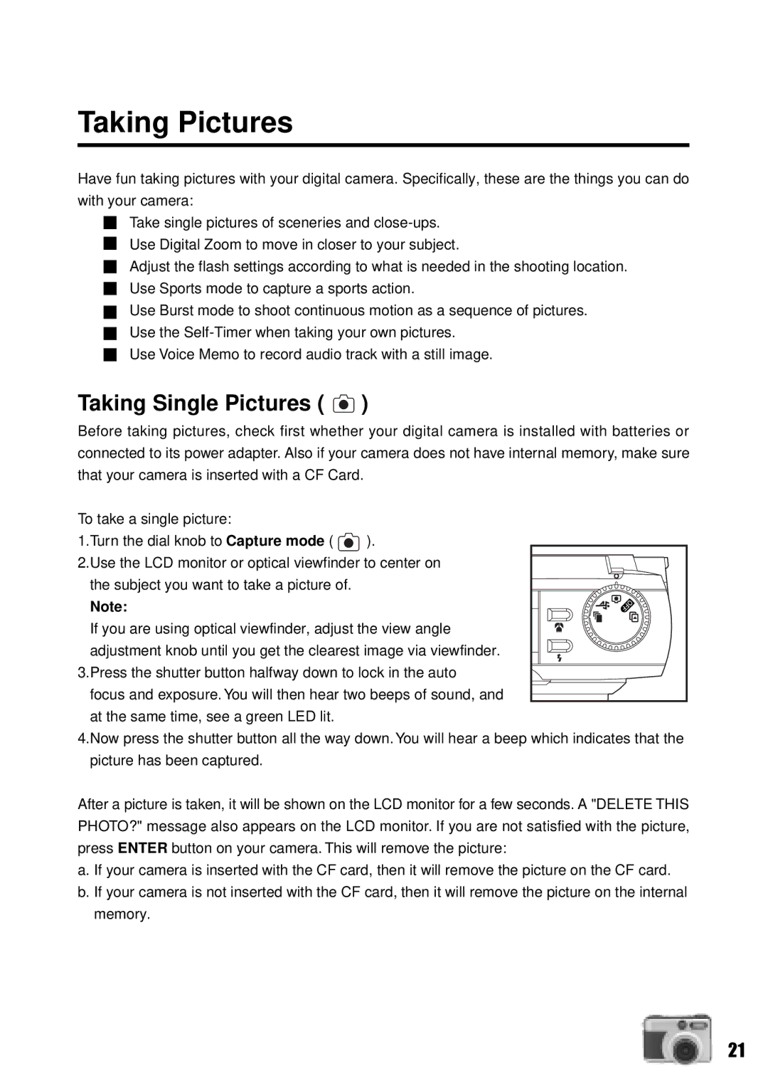 Vivitar Vivicam 3735 user manual Taking Pictures, Taking Single Pictures 