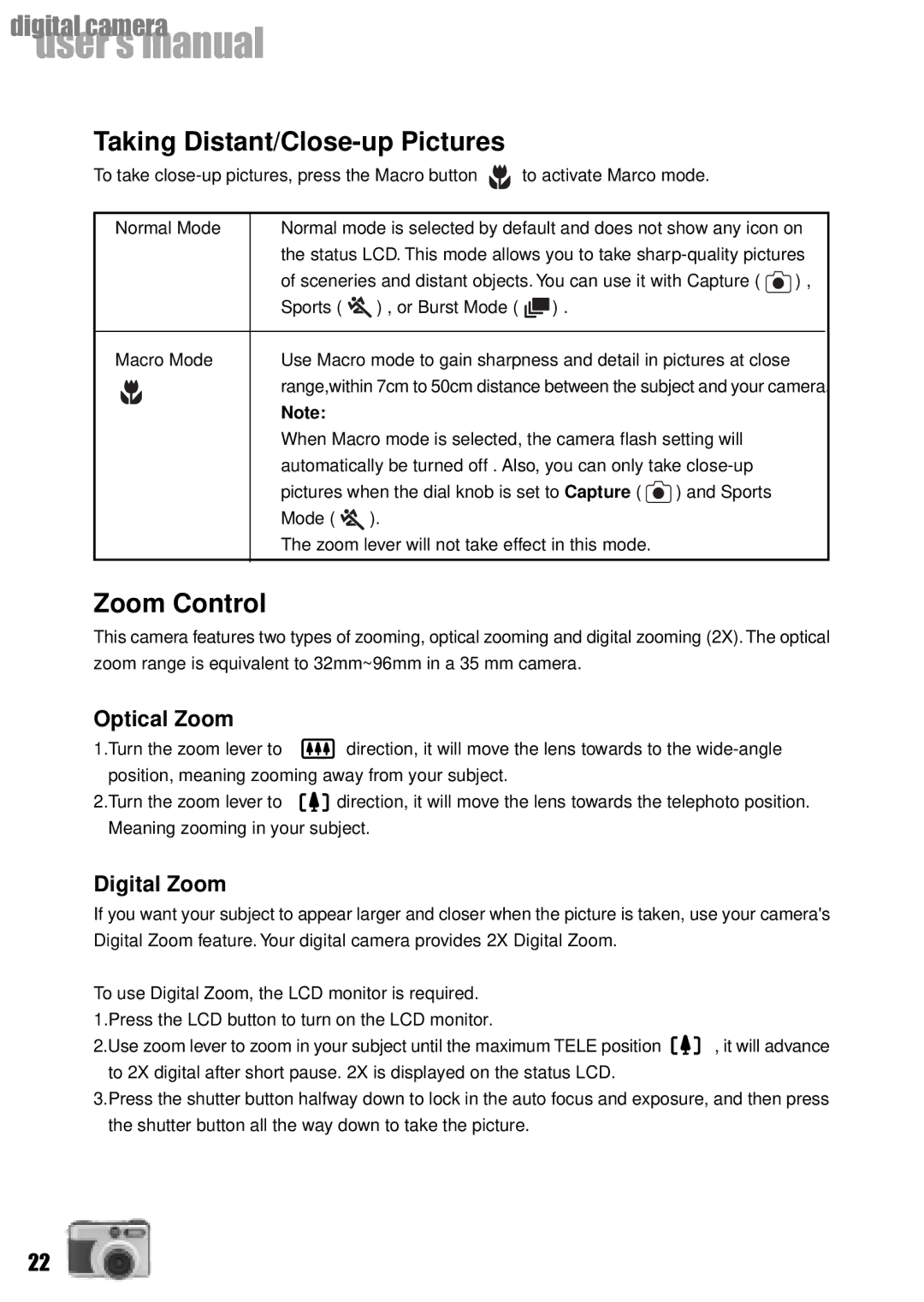 Vivitar Vivicam 3735 user manual Taking Distant/Close-up Pictures, Zoom Control, Optical Zoom, Digital Zoom 