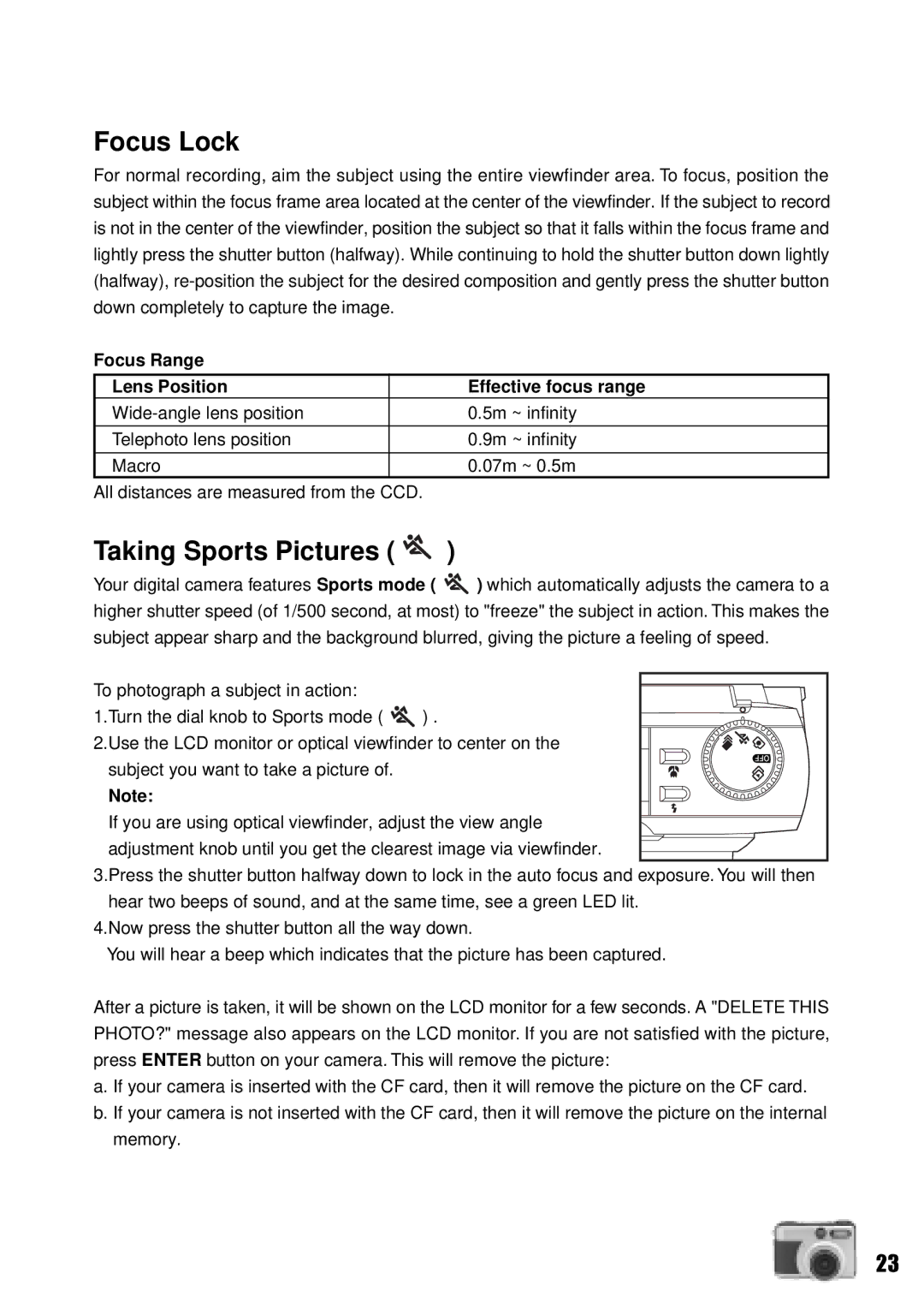 Vivitar Vivicam 3735 user manual Focus Lock, Taking Sports Pictures, Focus Range Lens Position Effective focus range 