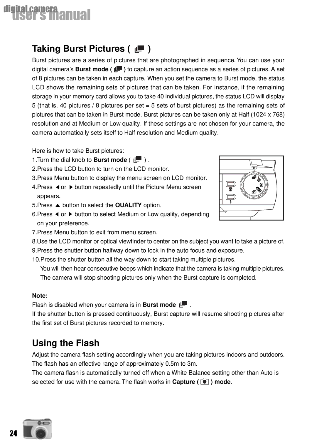 Vivitar Vivicam 3735 Taking Burst Pictures, Using the Flash, Flash is disabled when your camera is in Burst mode 