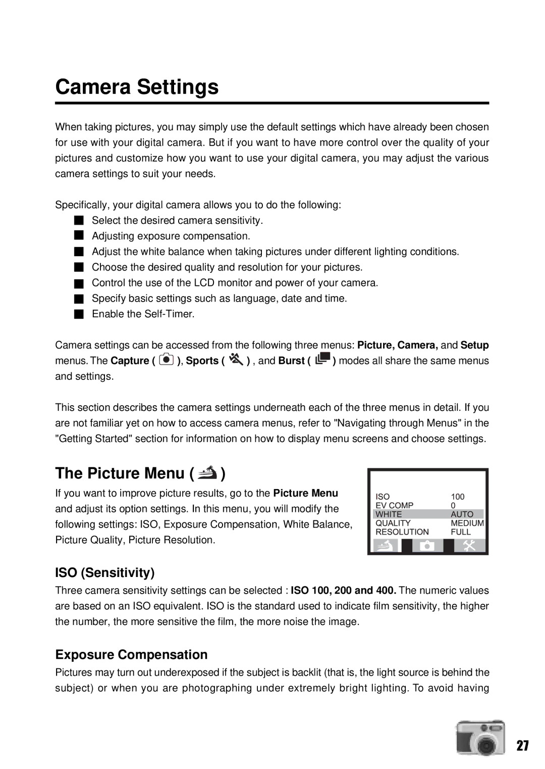 Vivitar Vivicam 3735 user manual Camera Settings, Picture Menu, ISO Sensitivity, Exposure Compensation 