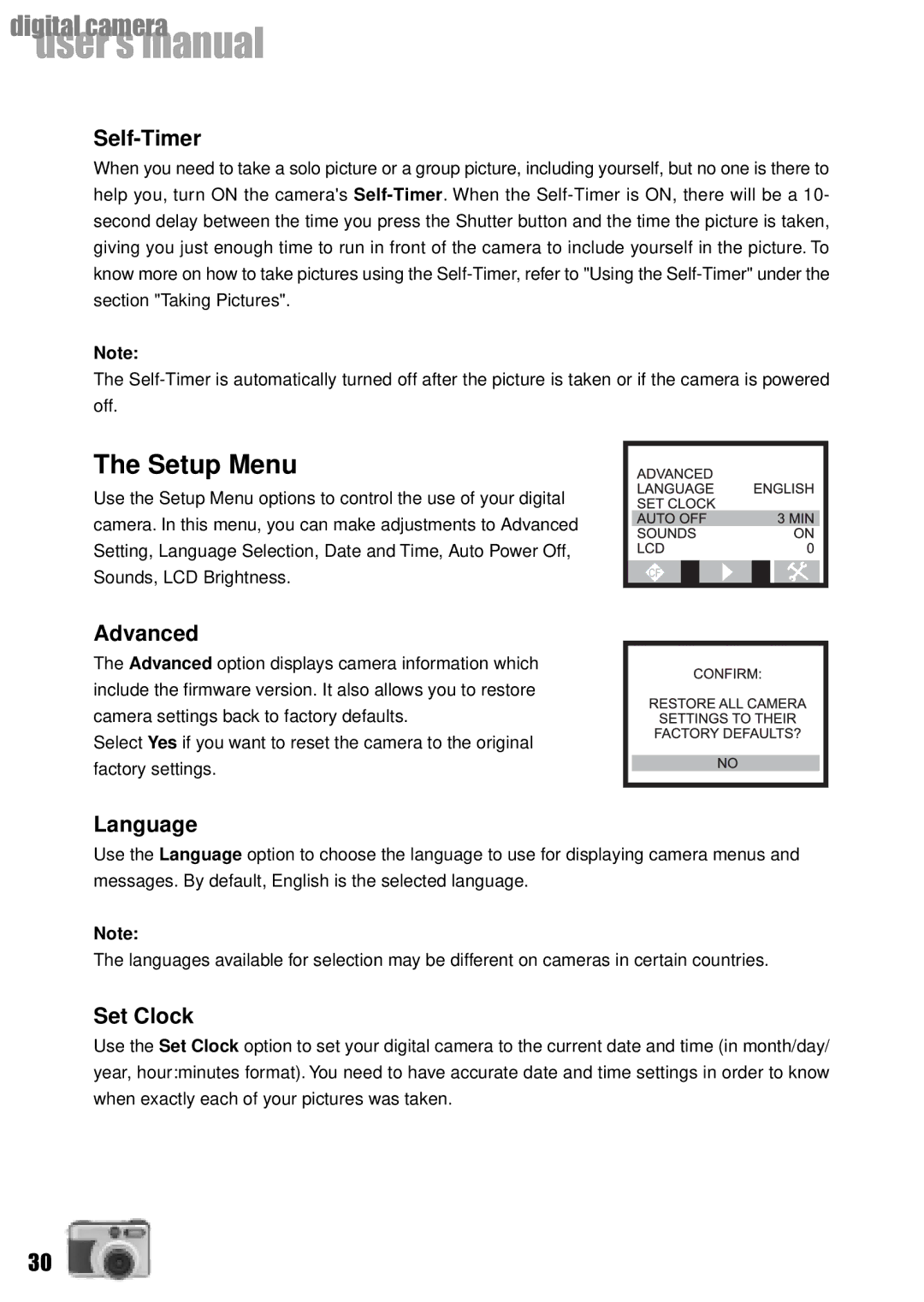 Vivitar Vivicam 3735 user manual Setup Menu, Self-Timer, Advanced, Language, Set Clock 