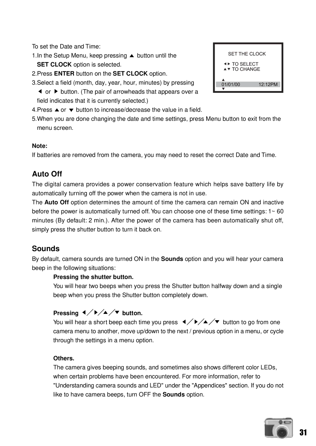 Vivitar Vivicam 3735 user manual Auto Off, Sounds, Pressing the shutter button, Pressing button, Others 