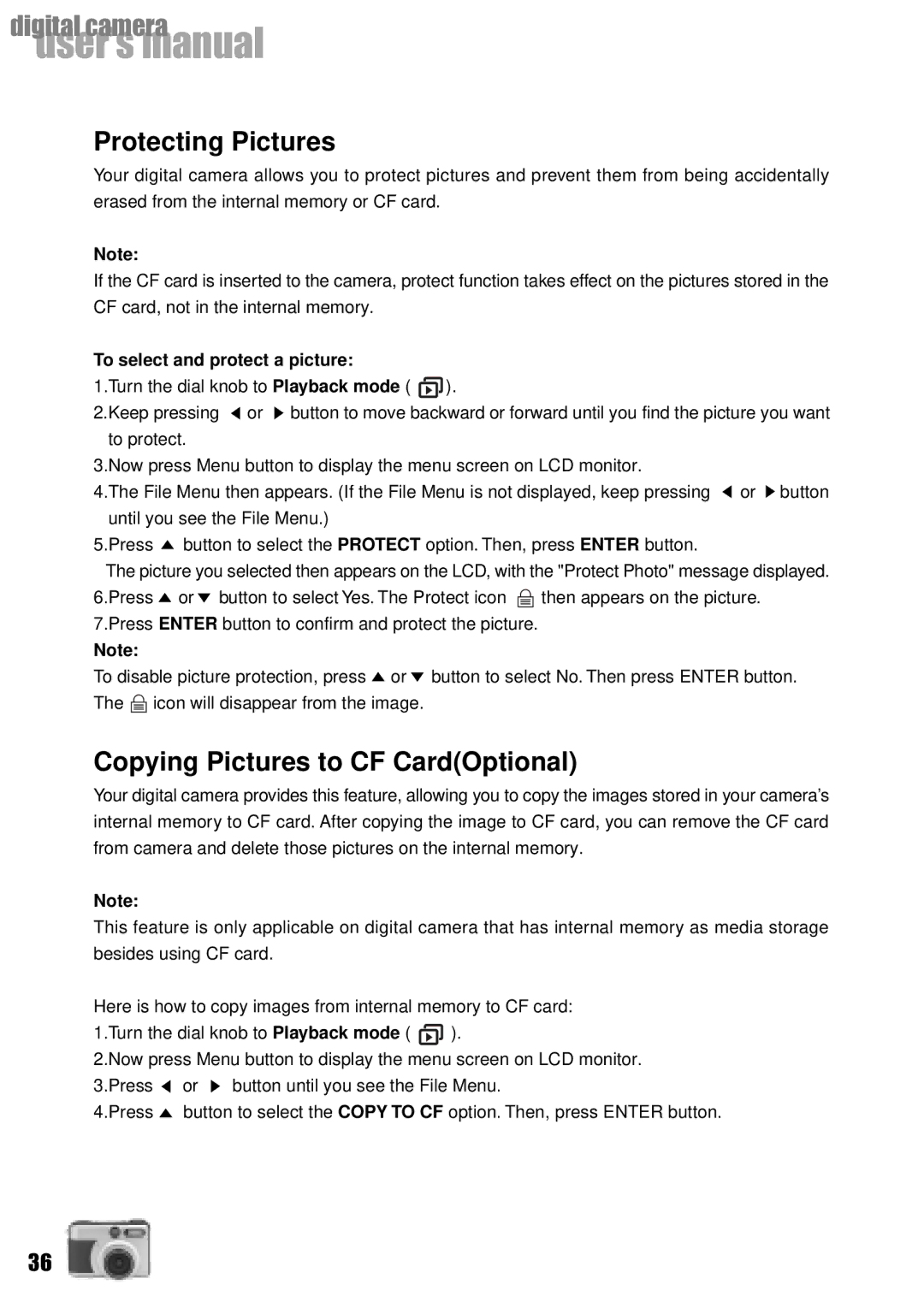 Vivitar Vivicam 3735 user manual Protecting Pictures, Copying Pictures to CF CardOptional, To select and protect a picture 