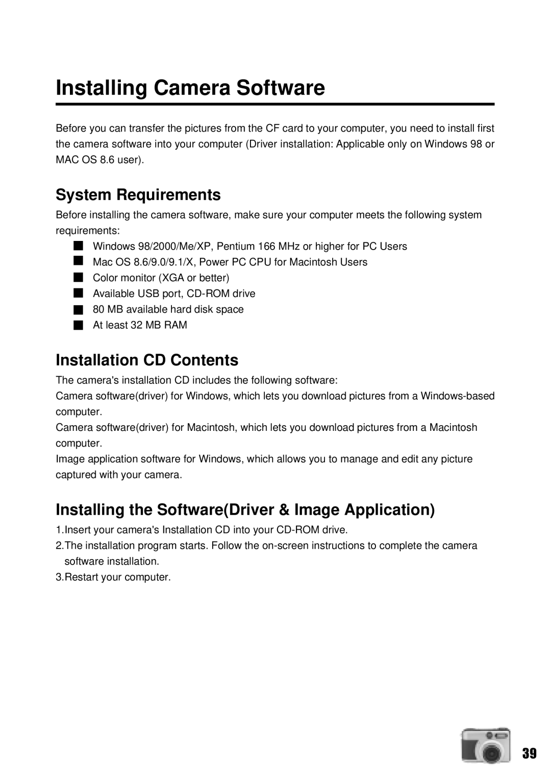 Vivitar Vivicam 3735 user manual Installing Camera Software, System Requirements, Installation CD Contents 