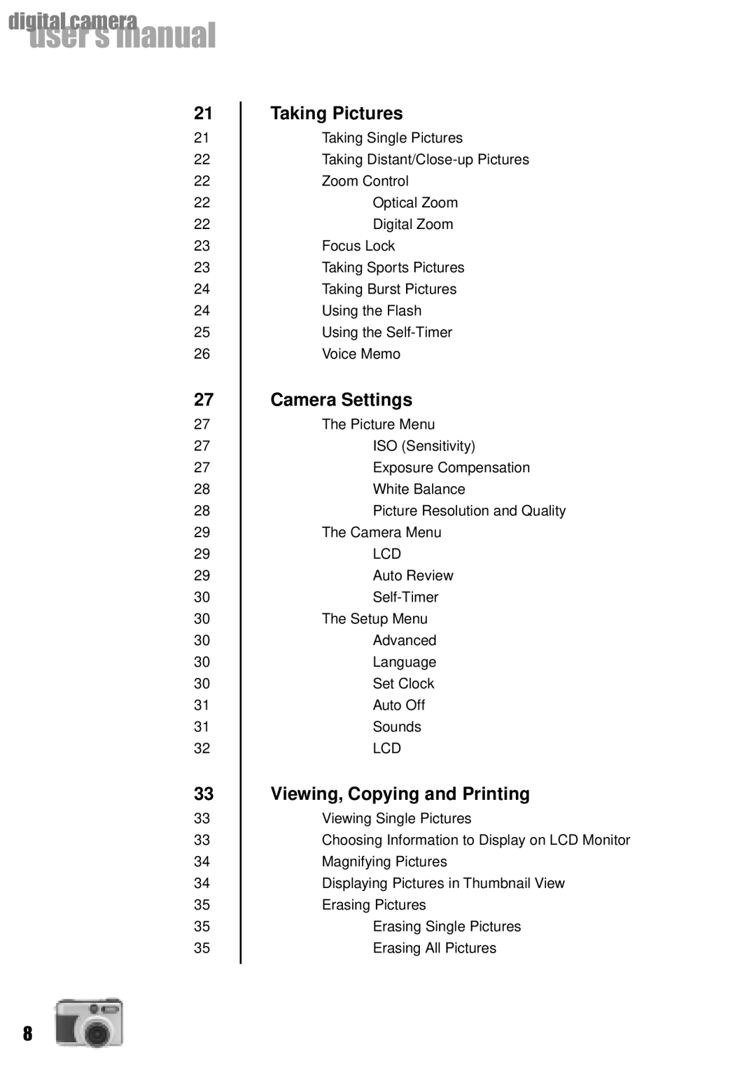 Vivitar Vivicam 3735 user manual Taking Pictures, Camera Settings, Viewing, Copying and Printing 