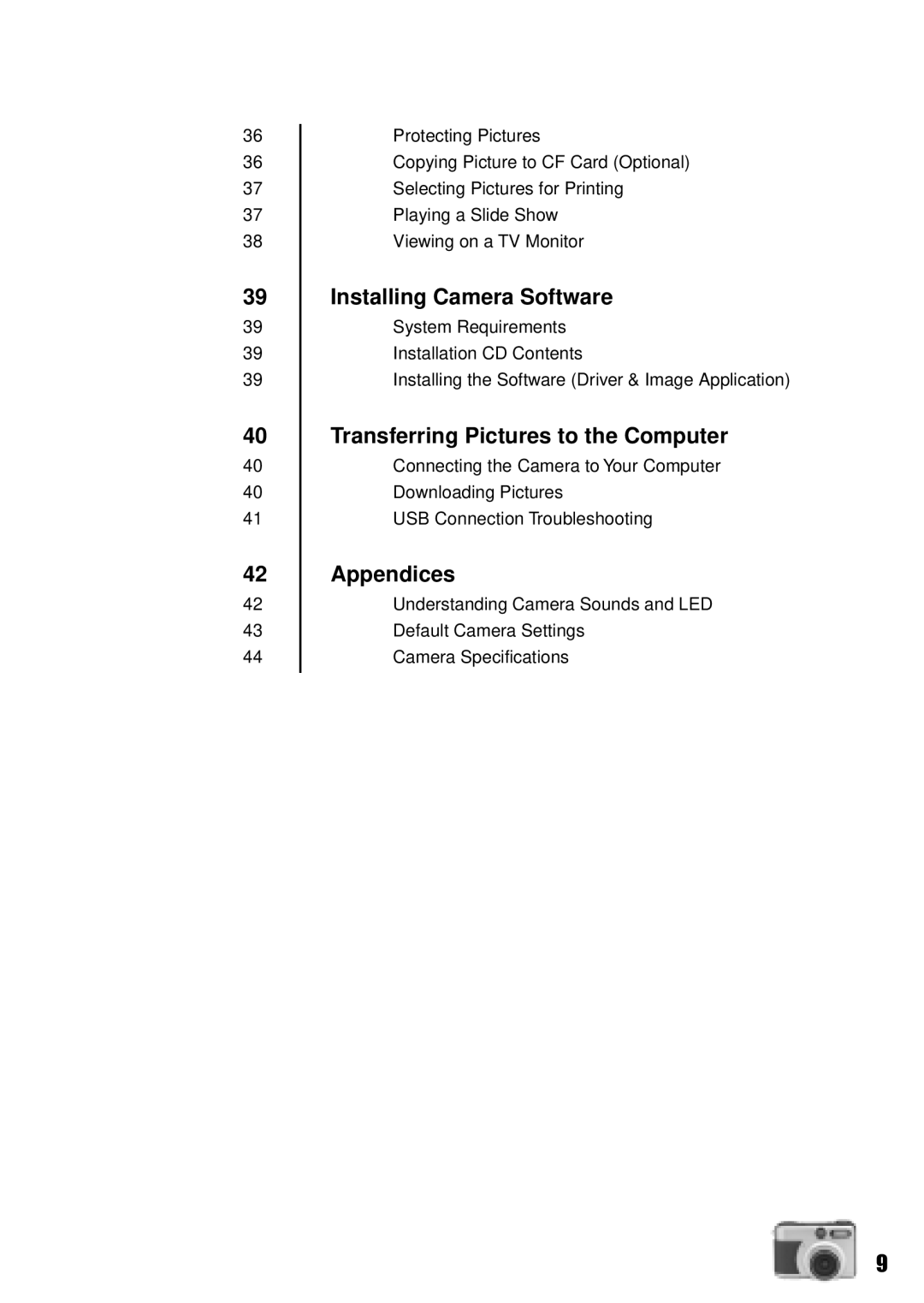 Vivitar Vivicam 3735 user manual Installing Camera Software, Transferring Pictures to the Computer, Appendices 