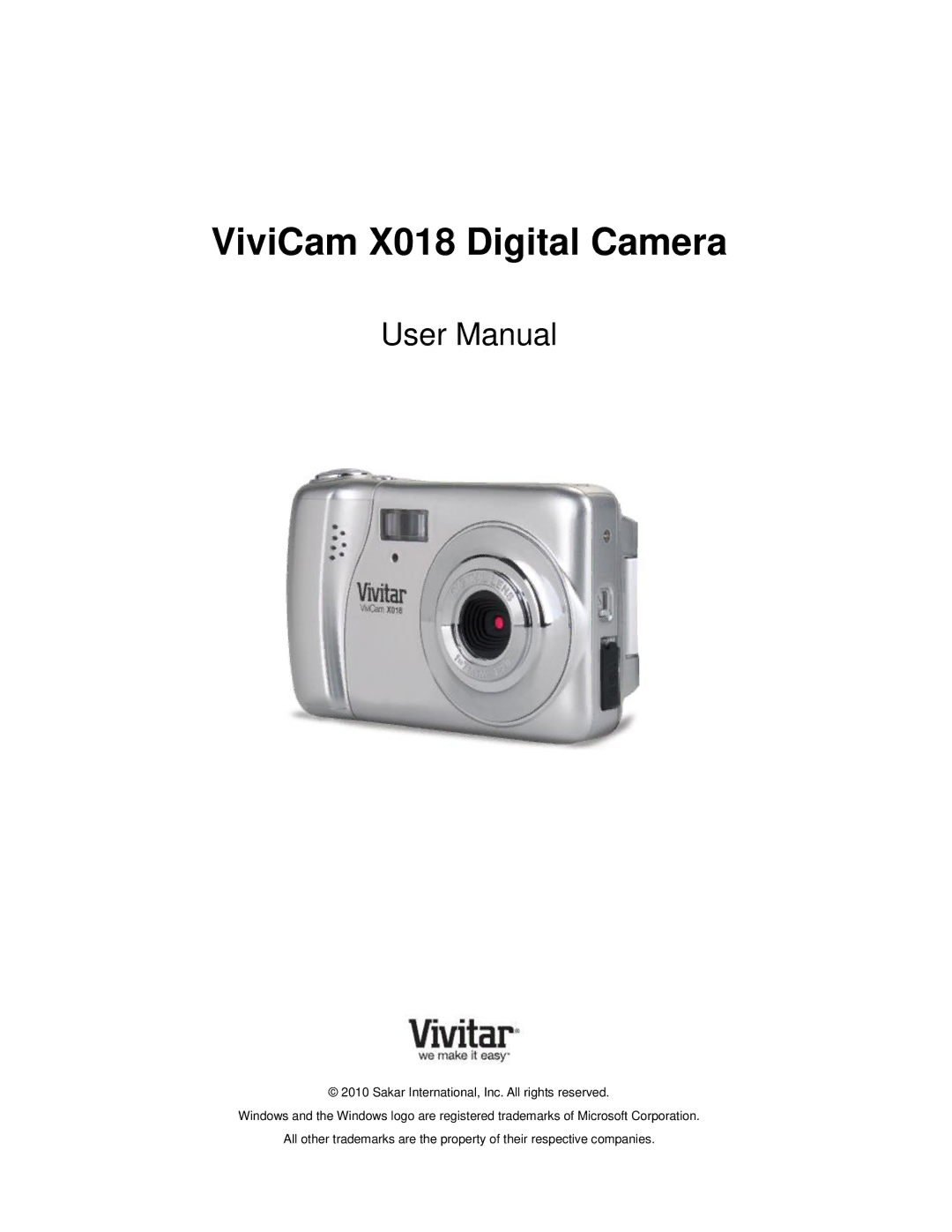 Vivitar VX018GRAY, VX018GRAPH user manual ViviCam X018 Digital Camera 