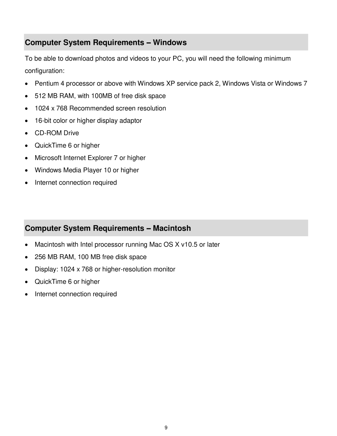 Vivitar VX018GRAPH, VX018GRAY user manual Computer System Requirements Windows, Computer System Requirements Macintosh 