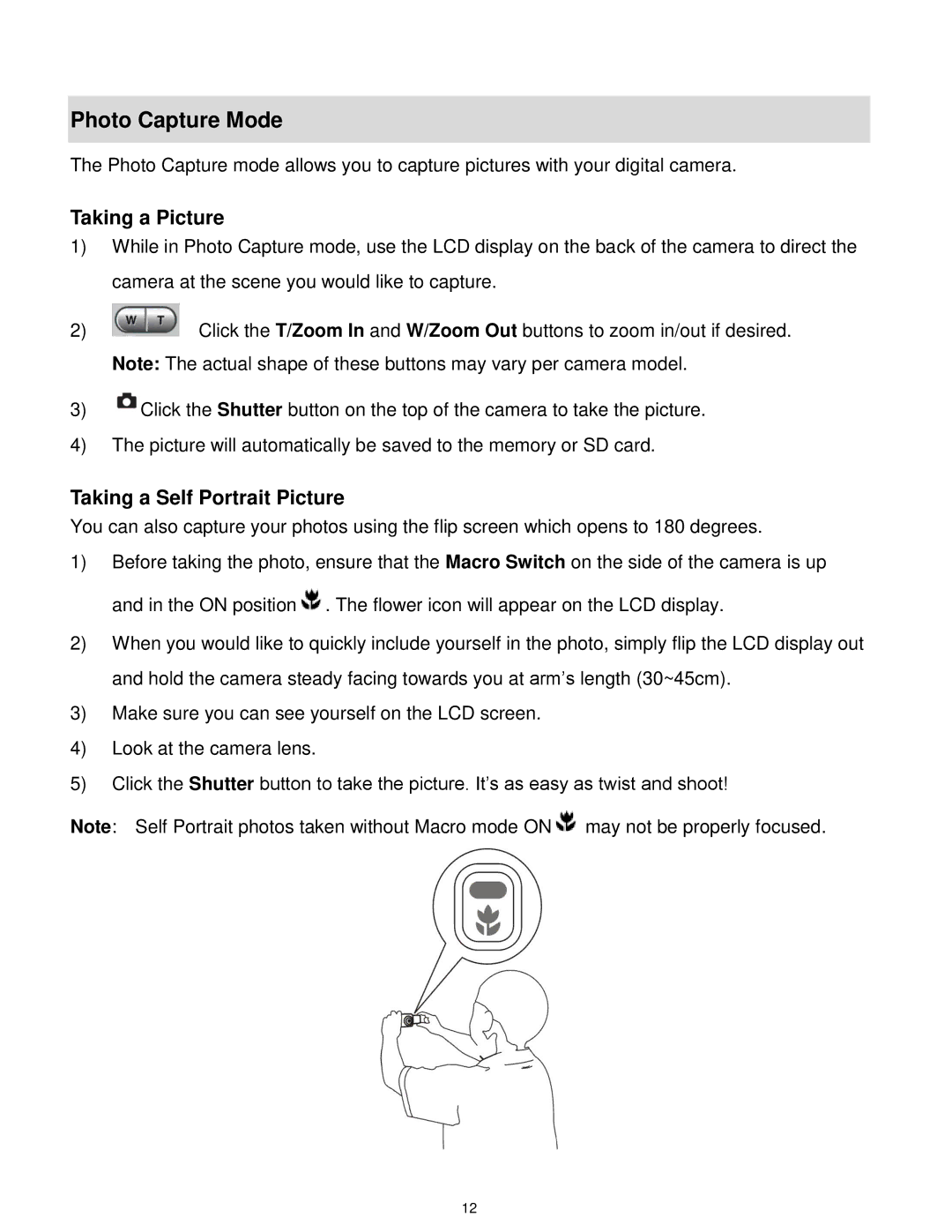 Vivitar VX018GRAY, VX018GRAPH user manual Photo Capture Mode, Taking a Picture, Taking a Self Portrait Picture 