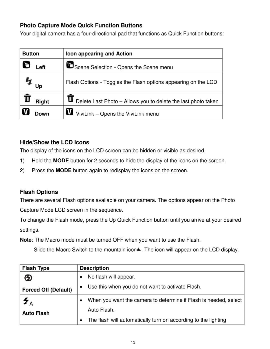 Vivitar VX018GRAPH, VX018GRAY user manual Photo Capture Mode Quick Function Buttons, Hide/Show the LCD Icons, Flash Options 