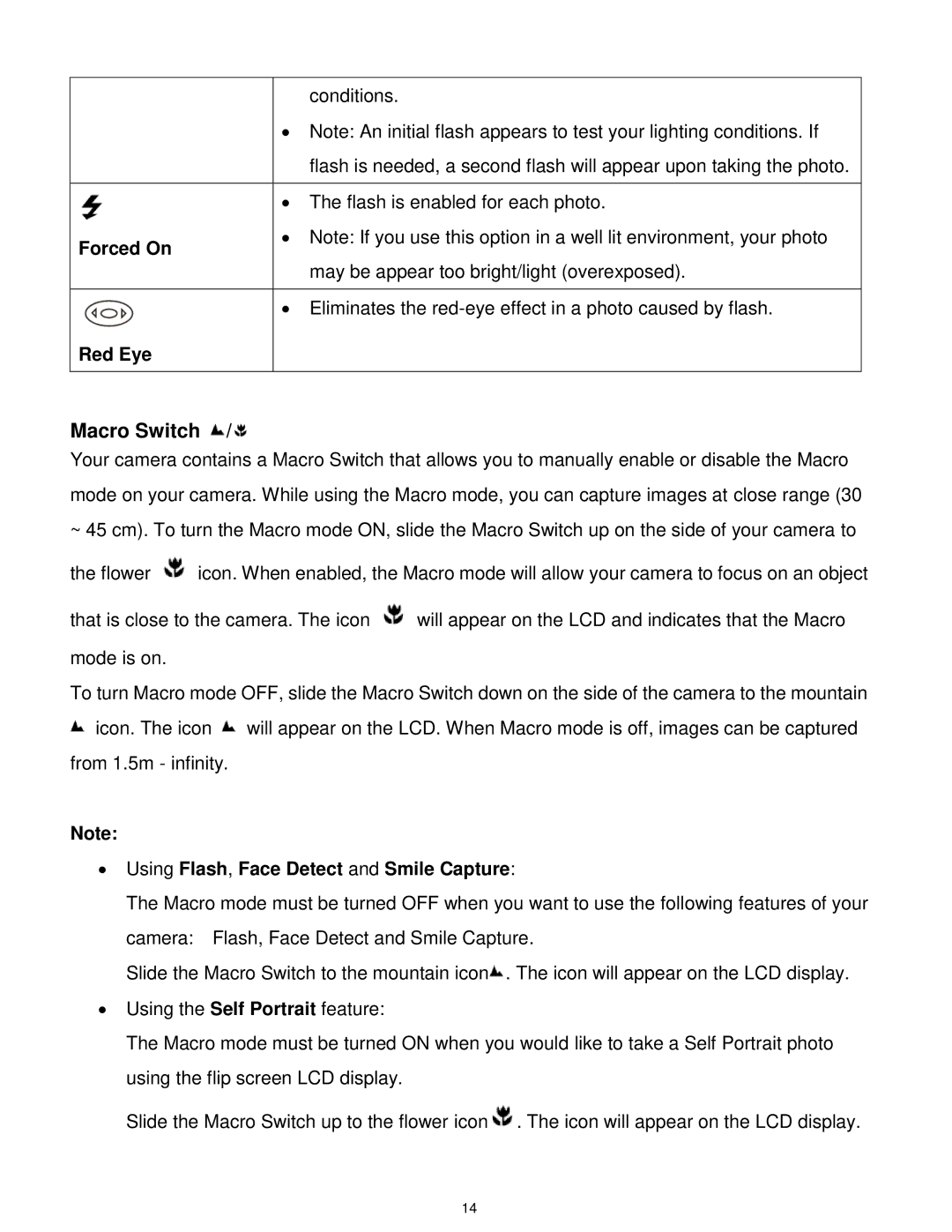 Vivitar VX018GRAY, VX018GRAPH user manual Macro Switch, Forced On 