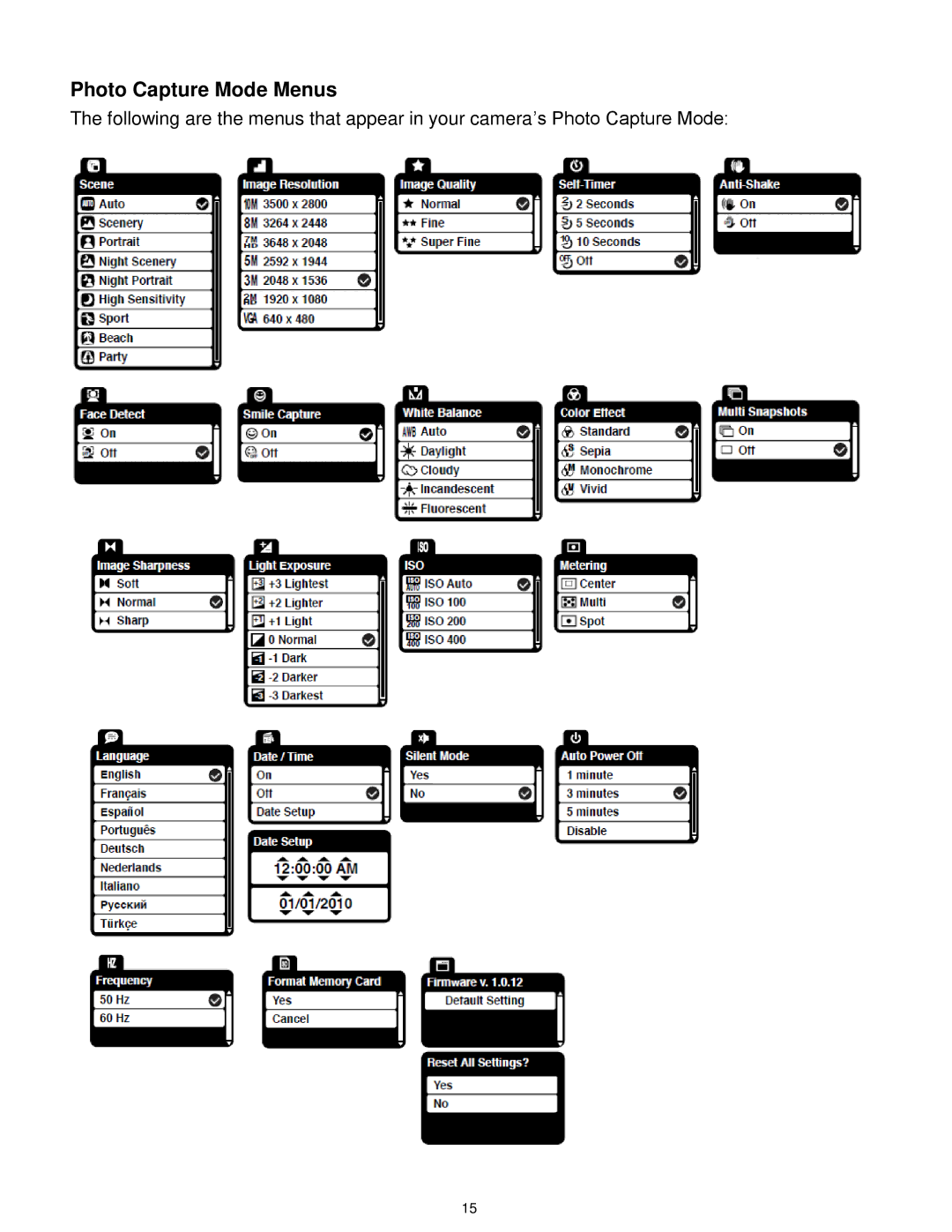 Vivitar VX018GRAPH, VX018GRAY user manual Photo Capture Mode Menus 