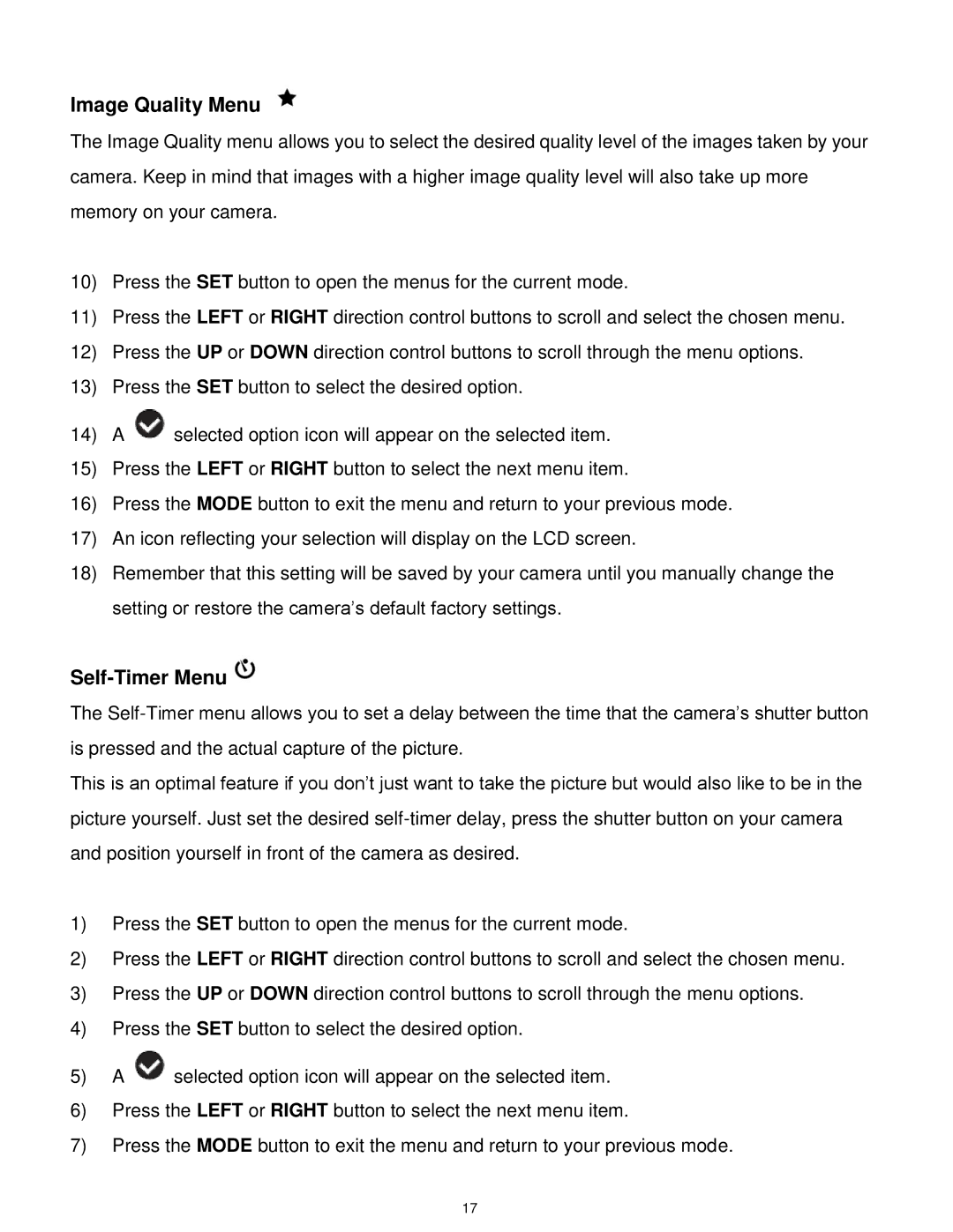 Vivitar VX018GRAPH, VX018GRAY user manual Image Quality Menu, Self-Timer Menu 