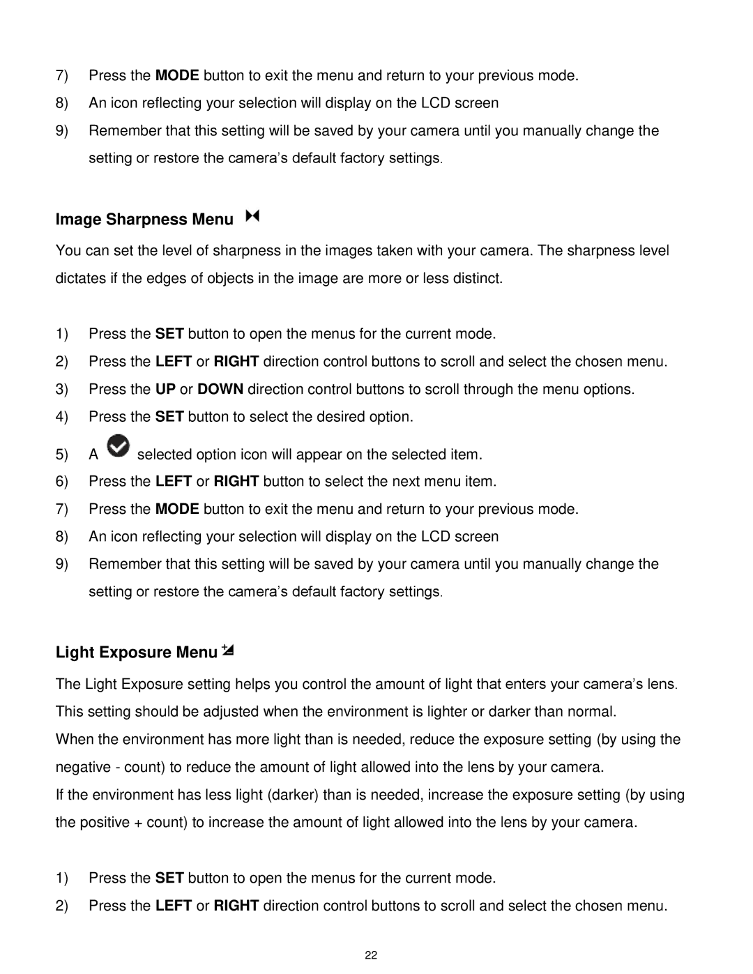 Vivitar VX018GRAY, VX018GRAPH user manual Image Sharpness Menu, Light Exposure Menu 