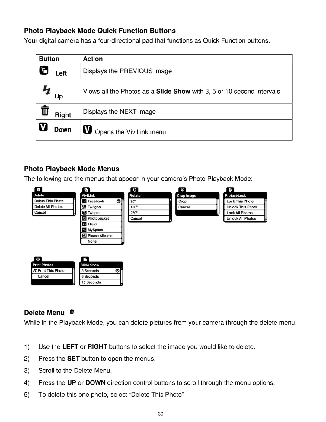 Vivitar VX018GRAY, VX018GRAPH user manual Photo Playback Mode Quick Function Buttons, Photo Playback Mode Menus, Delete Menu 