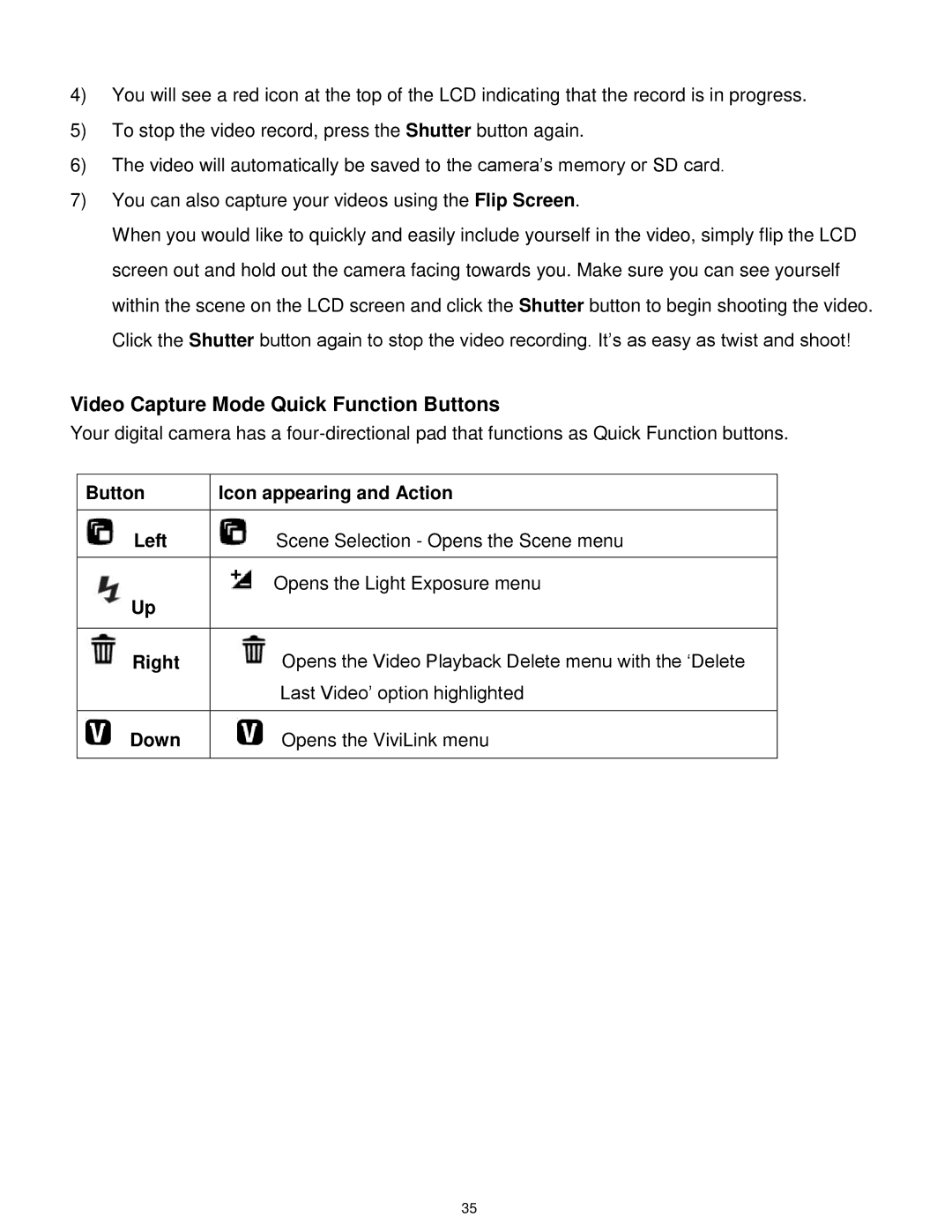 Vivitar VX018GRAPH, VX018GRAY user manual Video Capture Mode Quick Function Buttons 