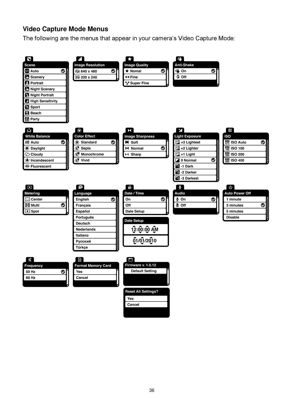 Vivitar VX018GRAY, VX018GRAPH user manual Video Capture Mode Menus 