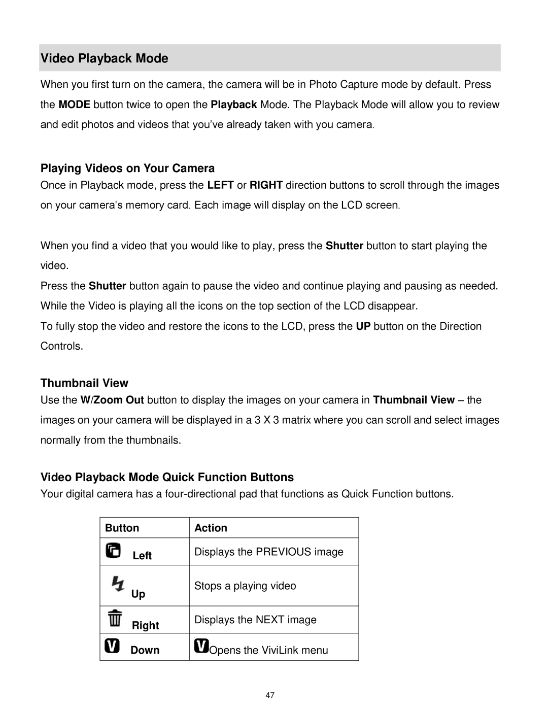 Vivitar VX018GRAPH, VX018GRAY user manual Playing Videos on Your Camera, Video Playback Mode Quick Function Buttons 