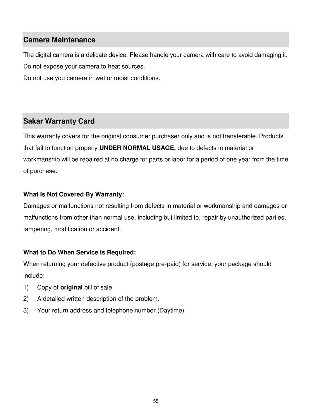 Vivitar VX018GRAPH, VX018GRAY user manual Camera Maintenance, Sakar Warranty Card 