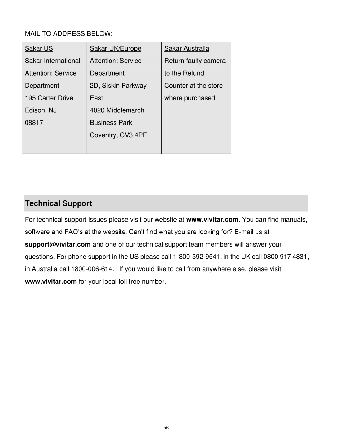 Vivitar VX018GRAY, VX018GRAPH user manual Technical Support, Mail to Address below 