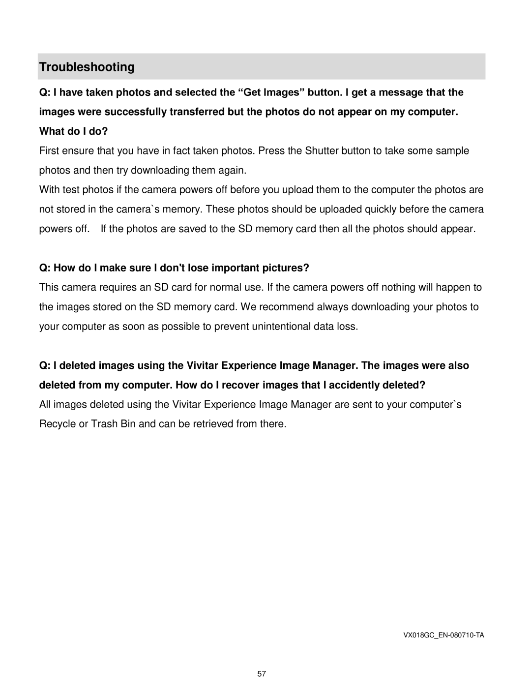 Vivitar VX018GRAPH, VX018GRAY user manual Troubleshooting, How do I make sure I dont lose important pictures? 