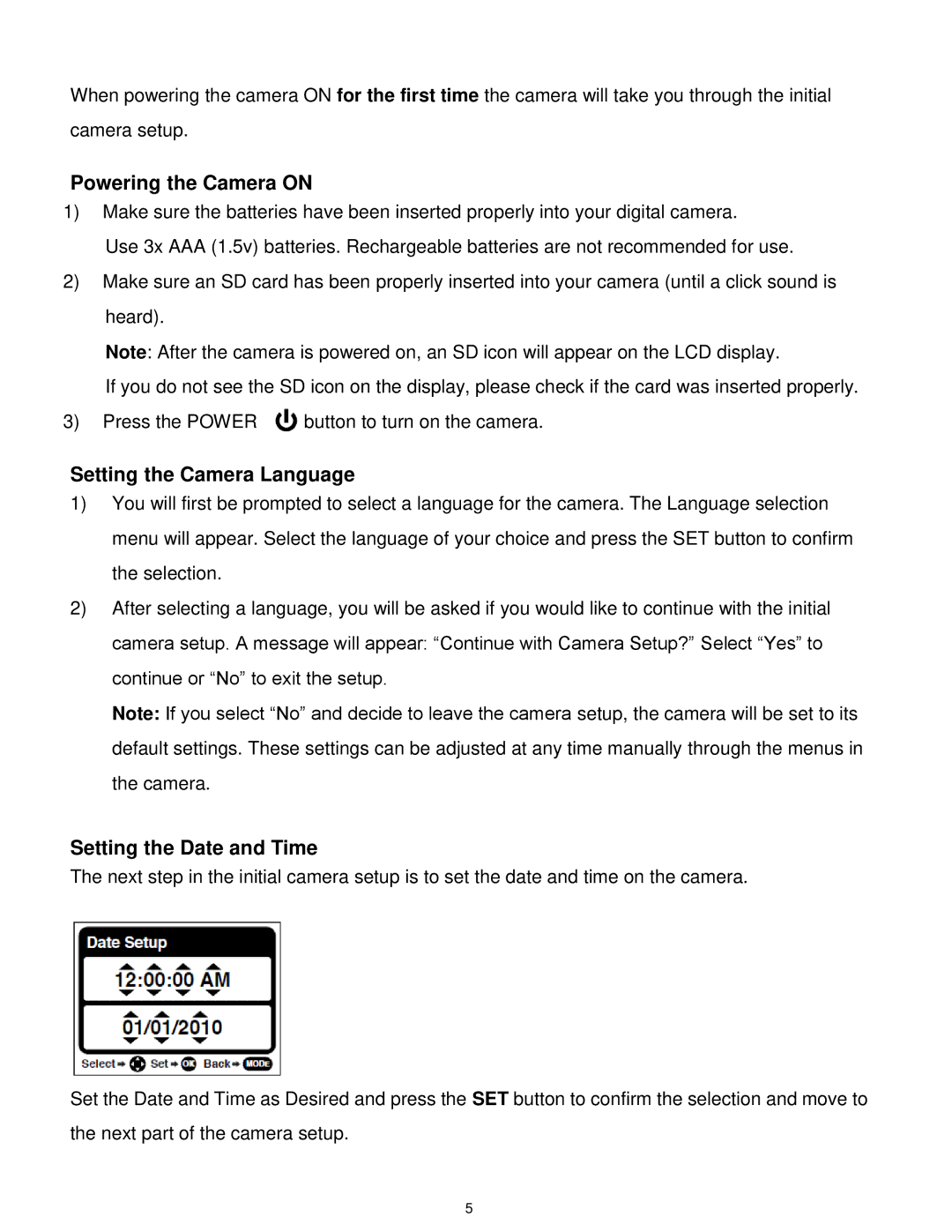 Vivitar VX018GRAPH, VX018GRAY user manual Powering the Camera on, Setting the Camera Language, Setting the Date and Time 