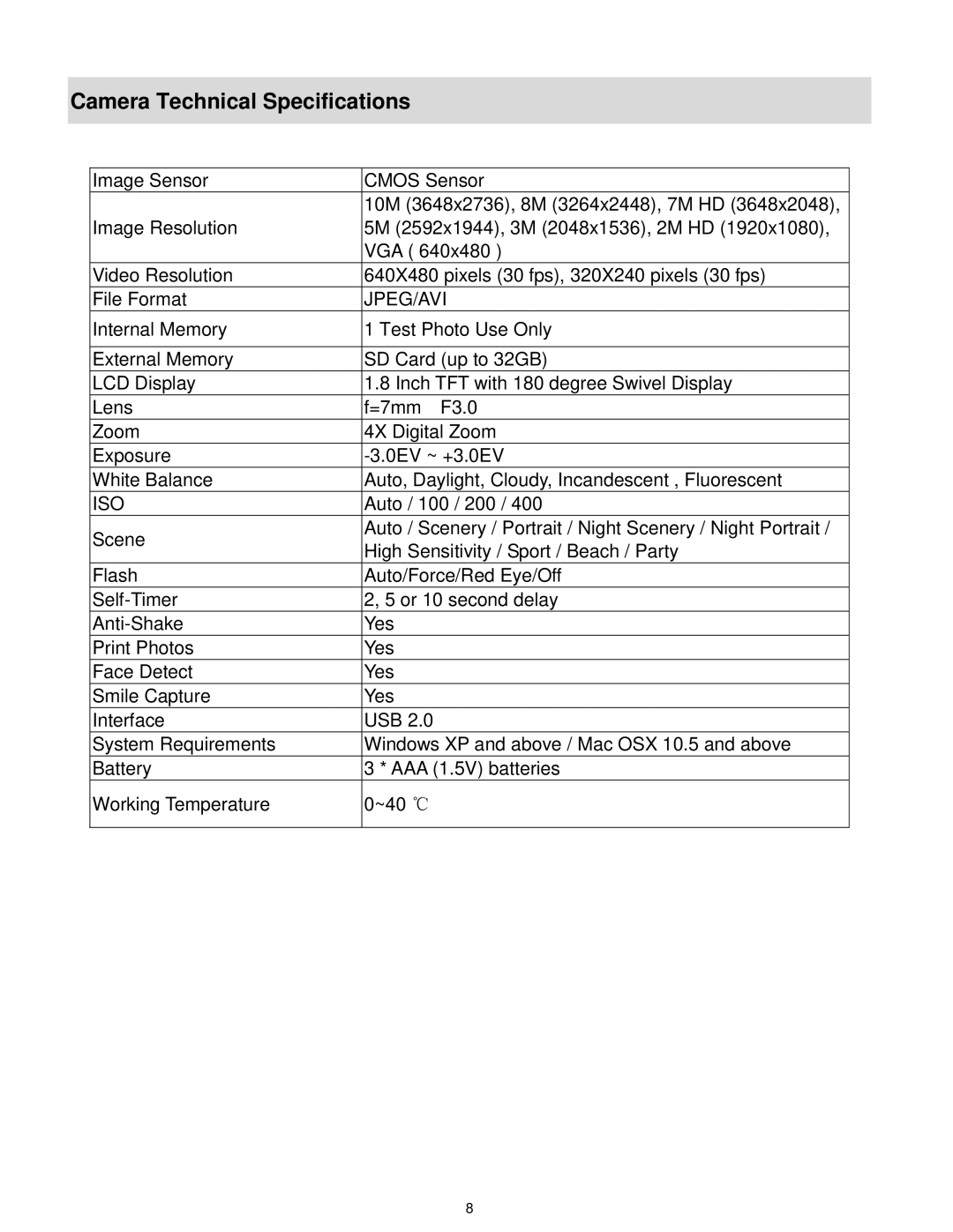 Vivitar VX018GRAY, VX018GRAPH user manual Camera Technical Specifications, Jpeg/Avi 