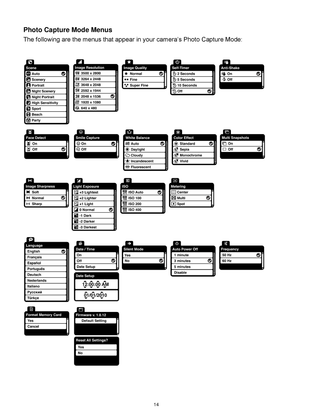 Vivitar VX029GRAPH, VX029STRAW, VX029-GRP, VX029BLACK user manual Photo Capture Mode Menus 